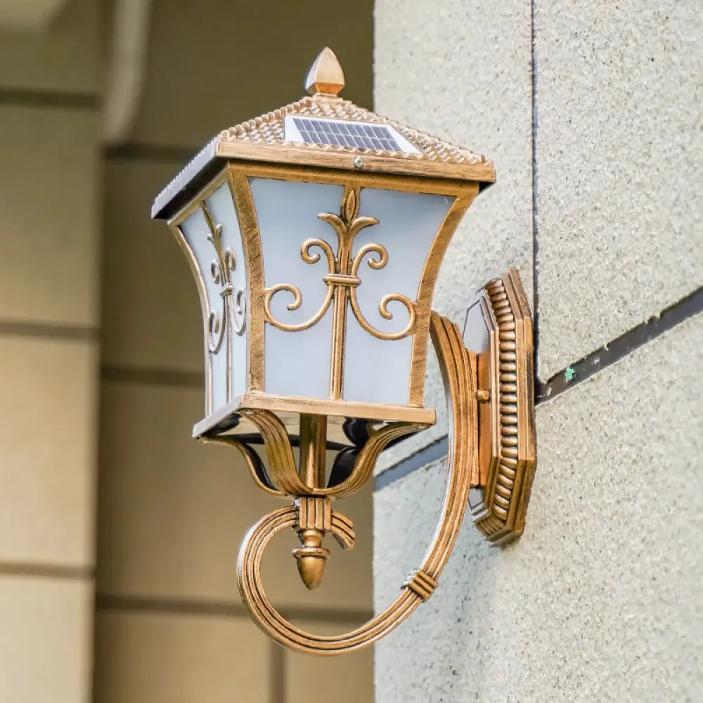 Traditional Solar LED Wall Lamp - Frosted Glass Curved Lantern Sconce for Patios in Black/Brass (Small/Large)