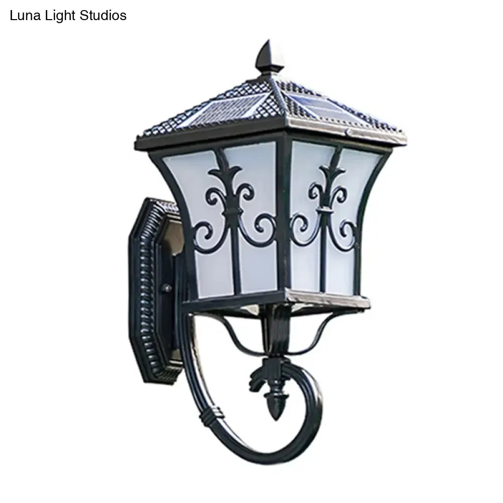 Traditional Solar LED Wall Lamp - Frosted Glass Curved Lantern Sconce for Patios in Black/Brass (Small/Large)