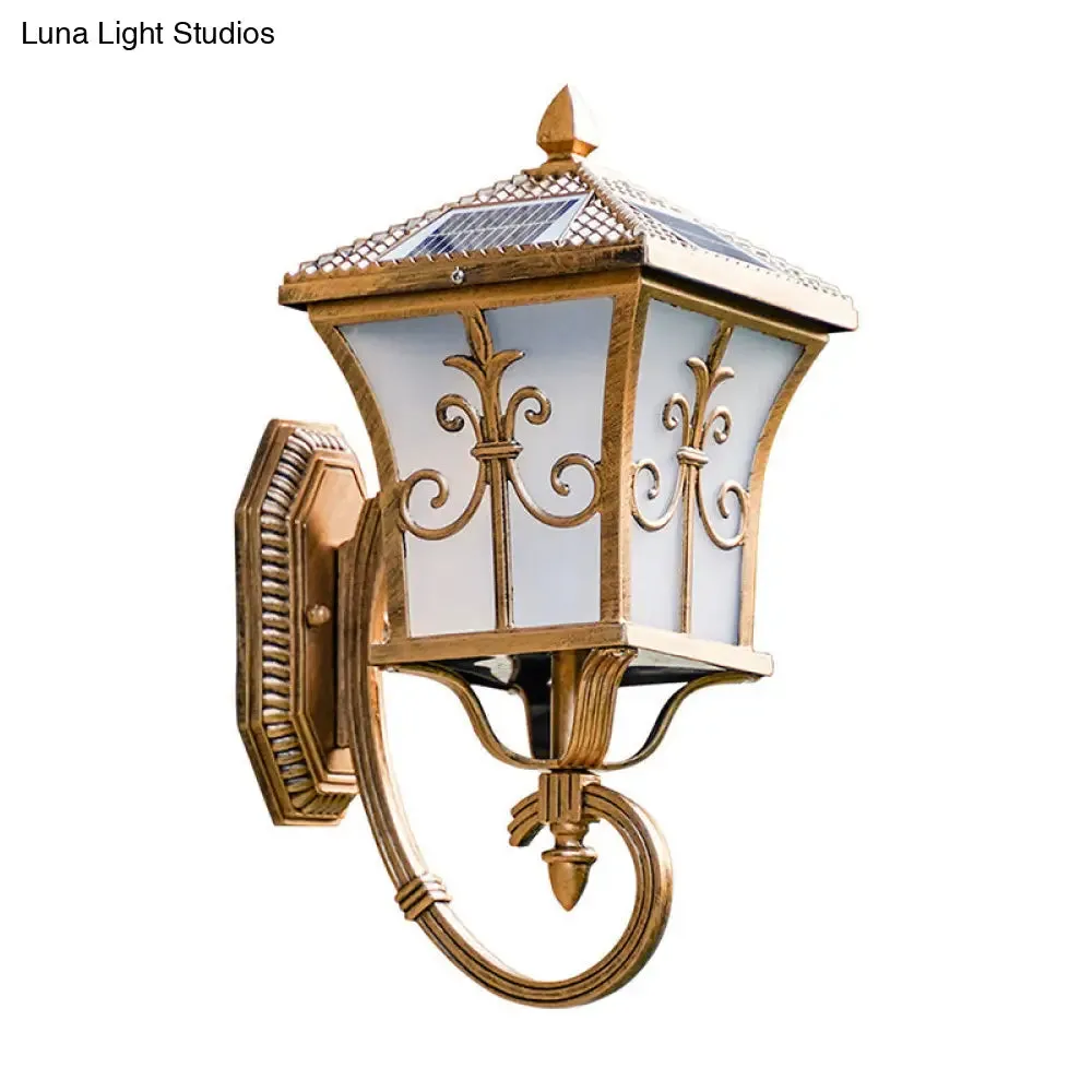 Traditional Solar LED Wall Lamp - Frosted Glass Curved Lantern Sconce for Patios in Black/Brass (Small/Large)