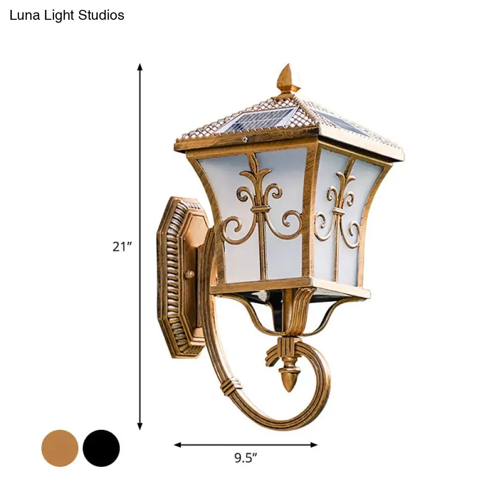Traditional Solar LED Wall Lamp - Frosted Glass Curved Lantern Sconce for Patios in Black/Brass (Small/Large)