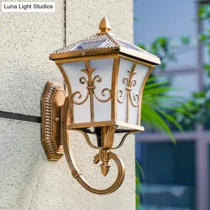 Traditional Solar LED Wall Lamp - Frosted Glass Curved Lantern Sconce for Patios in Black/Brass (Small/Large)