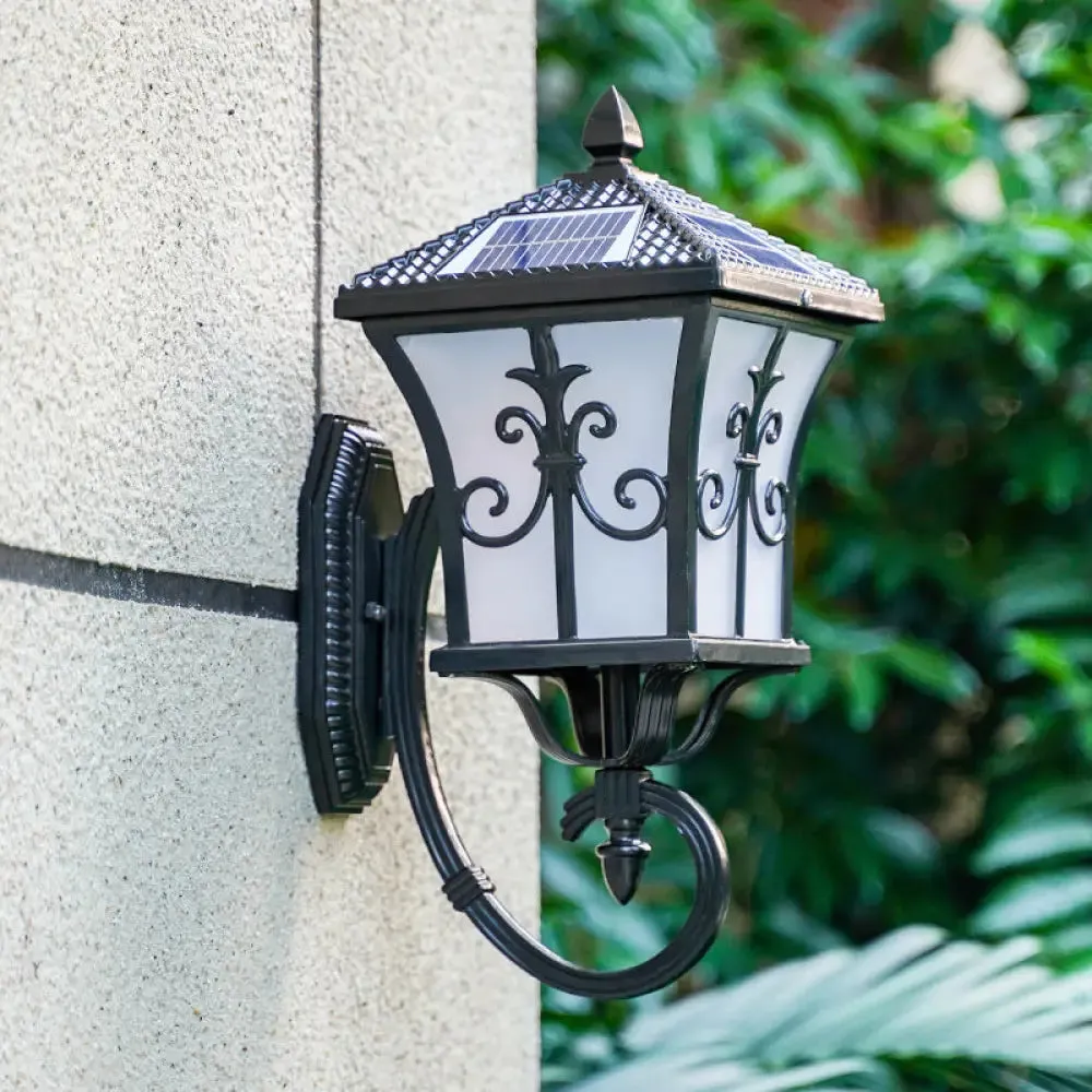 Traditional Solar LED Wall Lamp - Frosted Glass Curved Lantern Sconce for Patios in Black/Brass (Small/Large)