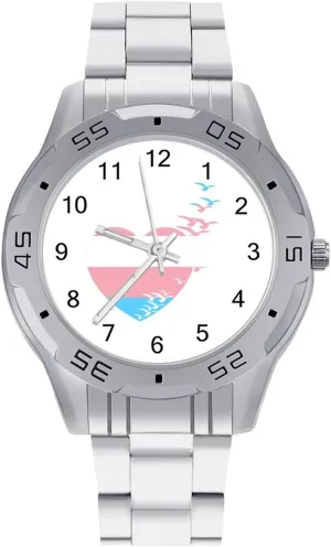 Transgender Heart Love Flag Simple Stainless Steel Band Business Watch Dress Wrist Unique Luxury Work Casual Waterproof Watches