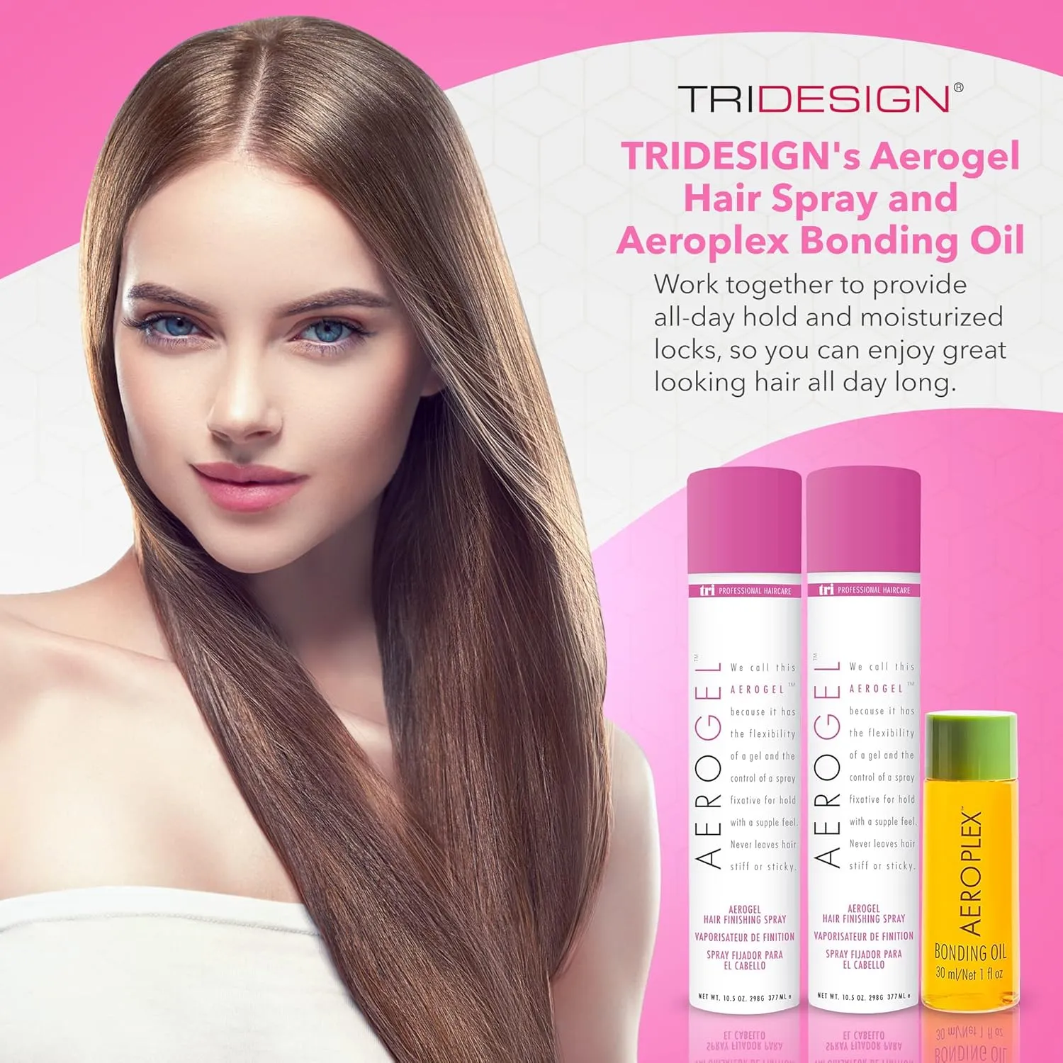 TRI Design Aerogel Hairspray & Aeroplex Bonding Oil Bundle - Hair Finishing Spray for Volumizing, Control, Repair & Prevent Breakage for Dry, Damaged & Frizzy Hair - Pack of 3 (10.5 Oz & 1 Oz)