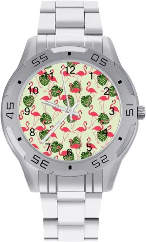 Tropical Flamingo Palm Leaves Simple Stainless Steel Band Business Watch Dress Wrist Unique Luxury Work Casual Waterproof Watches