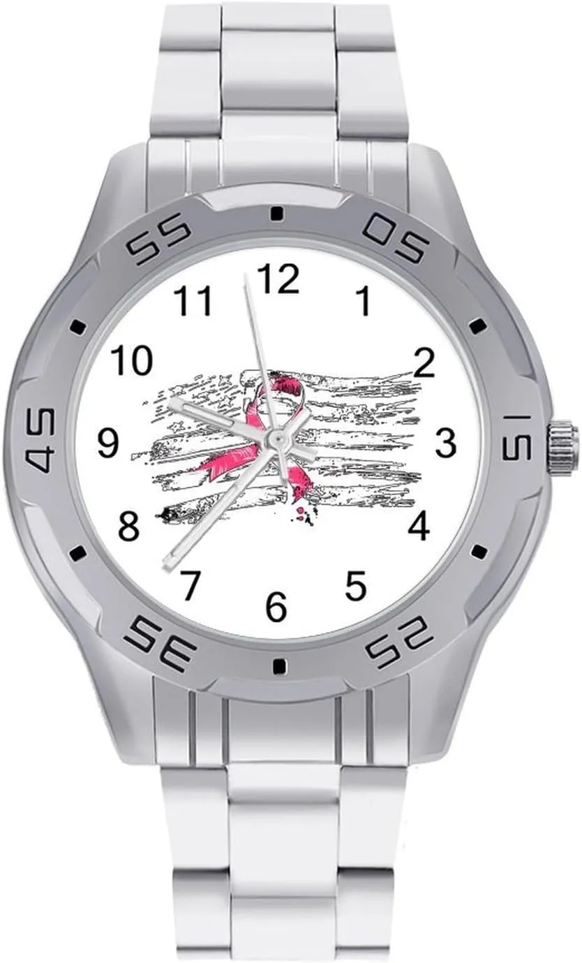 U.S Flag with Breast Cancer Ribbon Simple Stainless Steel Band Business Watch Dress Wrist Unique Luxury Work Casual Waterproof Watches