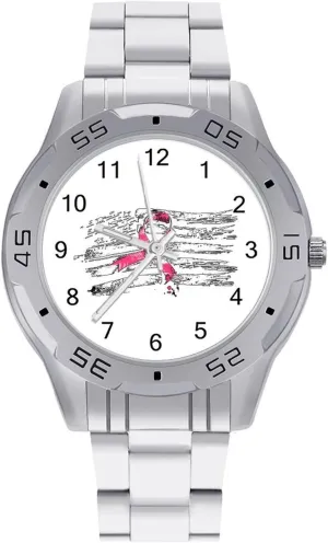 U.S Flag with Breast Cancer Ribbon Simple Stainless Steel Band Business Watch Dress Wrist Unique Luxury Work Casual Waterproof Watches