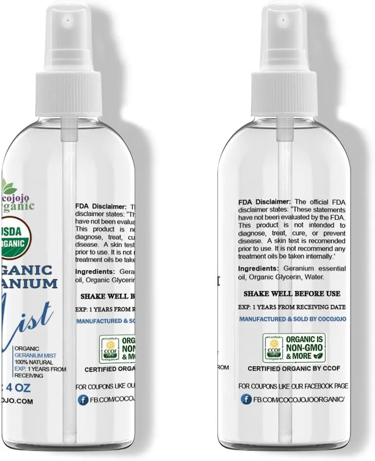 USDA Organic Geranium Mist for Skincare - Toning Mist, Face Mist Spray, Moisturizes Dry Skin, Shiny Hair Every Day, Body Mist - Geranium Essential Oil & Glycerin - Packaging May Vary (4 oz)