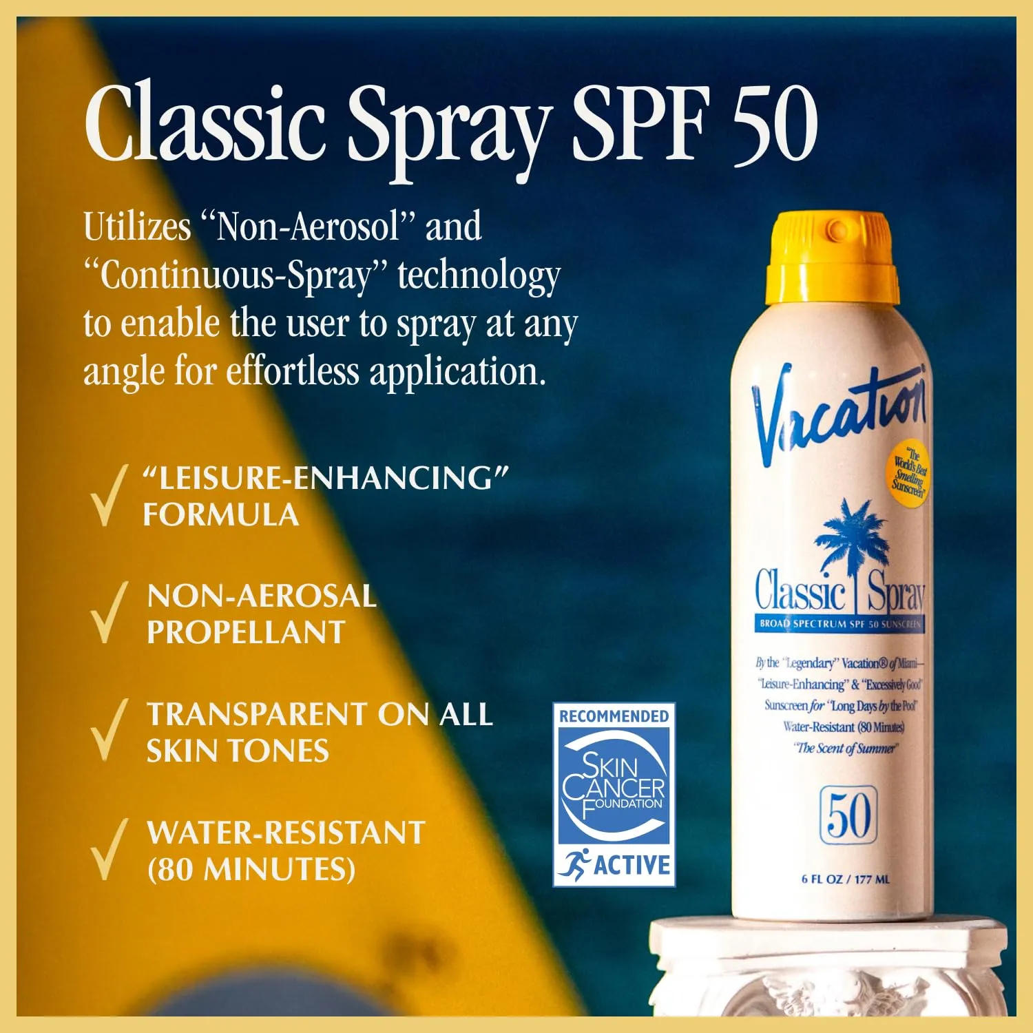 Vacation Classic Sunscreen Spray SPF 50, Water-Resistant, Lightweight, Transparent on All Skin Tones, Dermatologist-Tested, Vegan, 6 Fl. Oz. (Value Pack of 3)