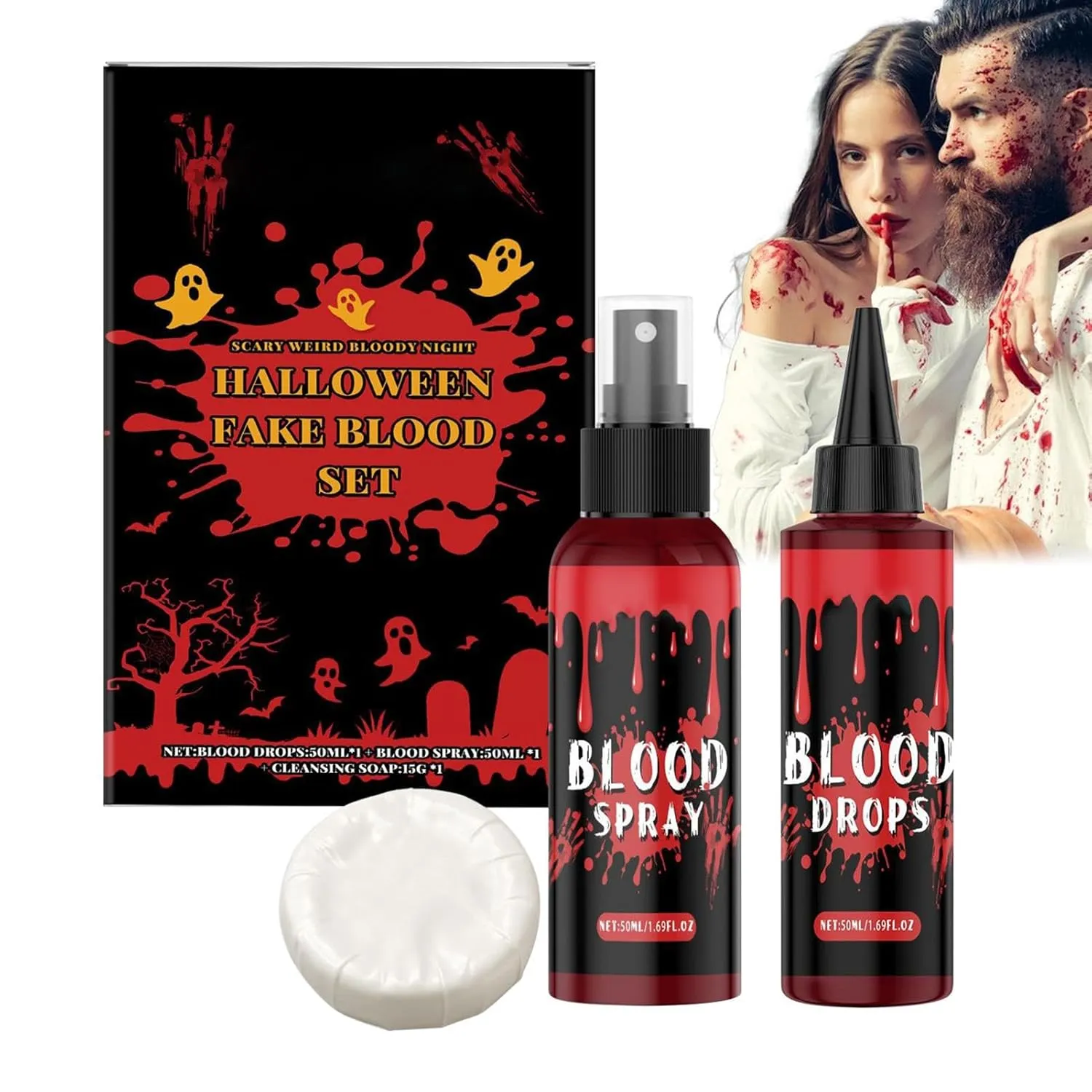 Vampire Blood, Realistic Fake Blood Makeup, Drops Spray Cleaning Soap Masquerade Props for Zombie Vampire Men Cosplay Dress up Clothes