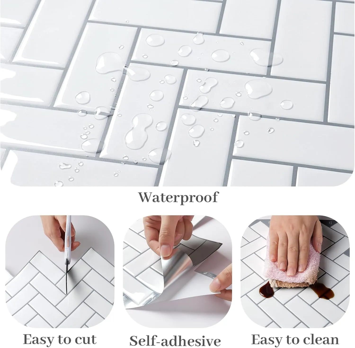 VaryPaper 20 Sheets White Herringbone Peel and Stick Backsplash 12''x12'' Back Splash Stick on Tiles for Kitchen Bathroom Waterproof Removable Vinyl Backsplash Self Adhesive Chevron Wall Tile Sticker