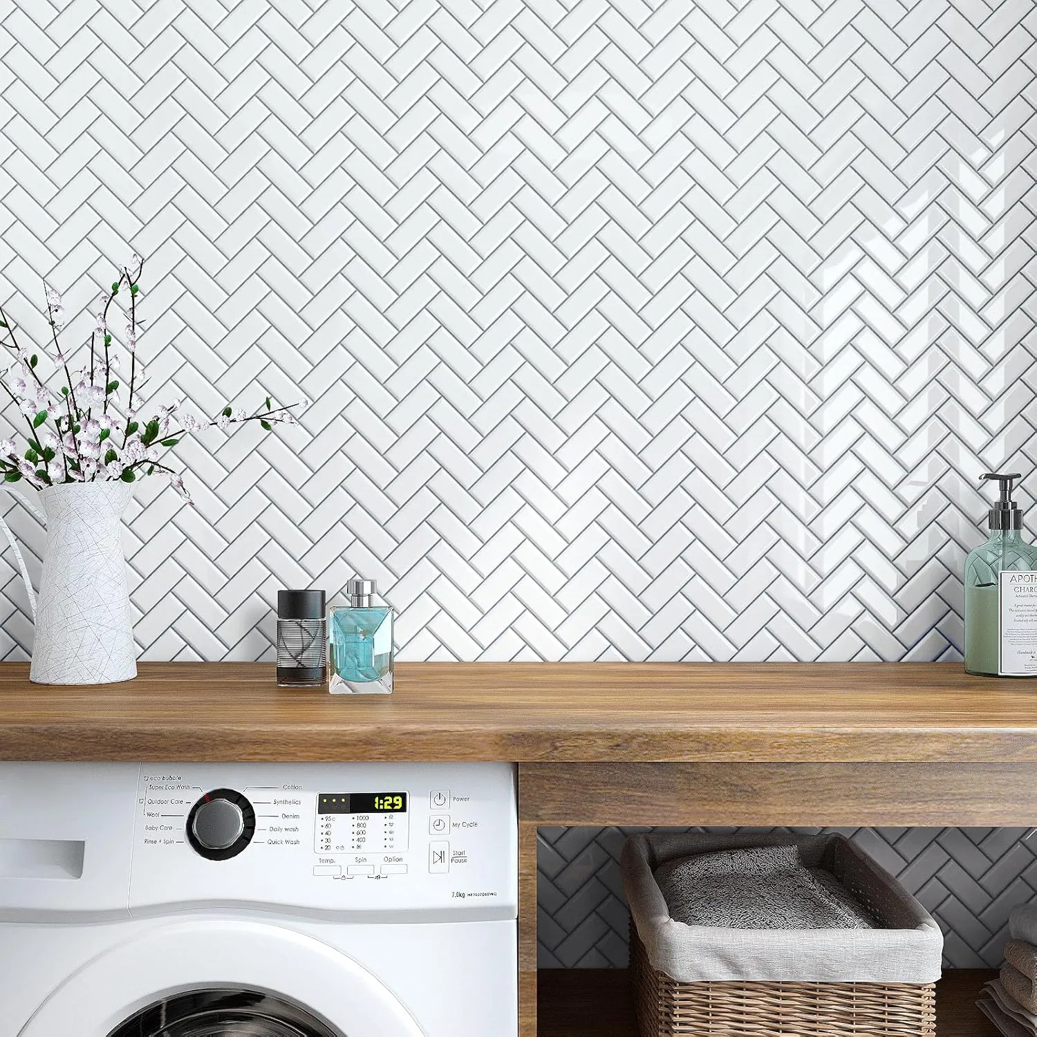 VaryPaper 20 Sheets White Herringbone Peel and Stick Backsplash 12''x12'' Back Splash Stick on Tiles for Kitchen Bathroom Waterproof Removable Vinyl Backsplash Self Adhesive Chevron Wall Tile Sticker