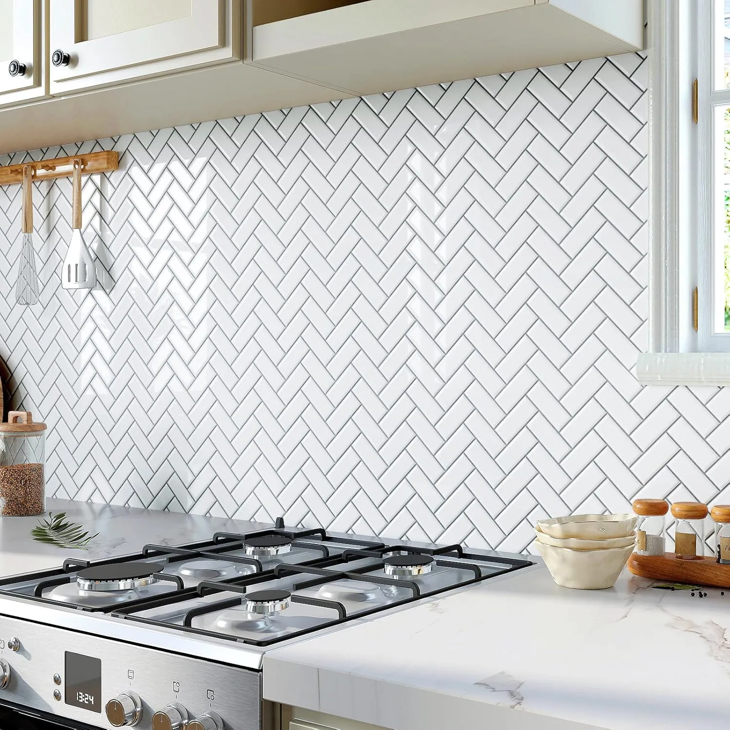 VaryPaper 20 Sheets White Herringbone Peel and Stick Backsplash 12''x12'' Back Splash Stick on Tiles for Kitchen Bathroom Waterproof Removable Vinyl Backsplash Self Adhesive Chevron Wall Tile Sticker