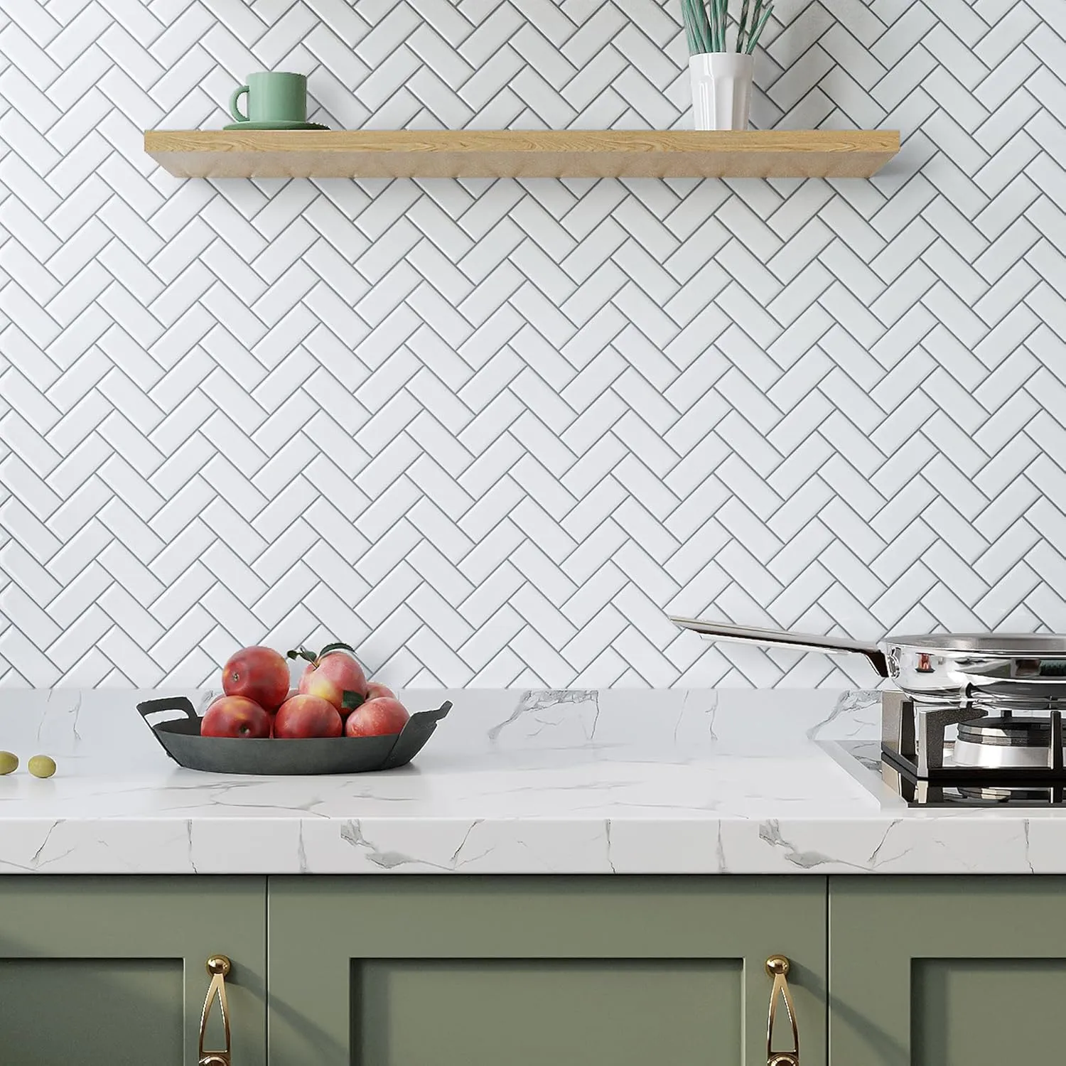 VaryPaper 20 Sheets White Herringbone Peel and Stick Backsplash 12''x12'' Back Splash Stick on Tiles for Kitchen Bathroom Waterproof Removable Vinyl Backsplash Self Adhesive Chevron Wall Tile Sticker