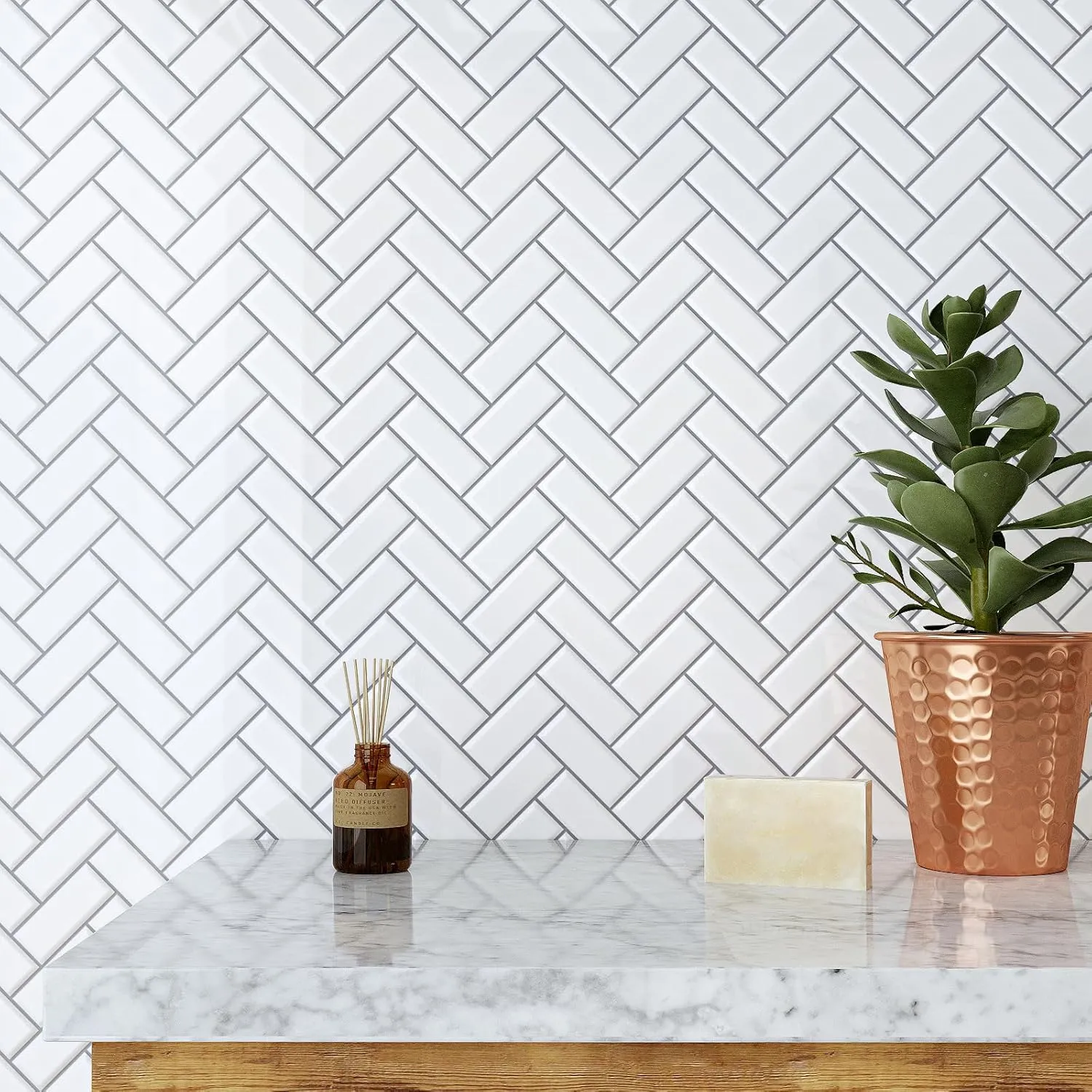 VaryPaper 20 Sheets White Herringbone Peel and Stick Backsplash 12''x12'' Back Splash Stick on Tiles for Kitchen Bathroom Waterproof Removable Vinyl Backsplash Self Adhesive Chevron Wall Tile Sticker