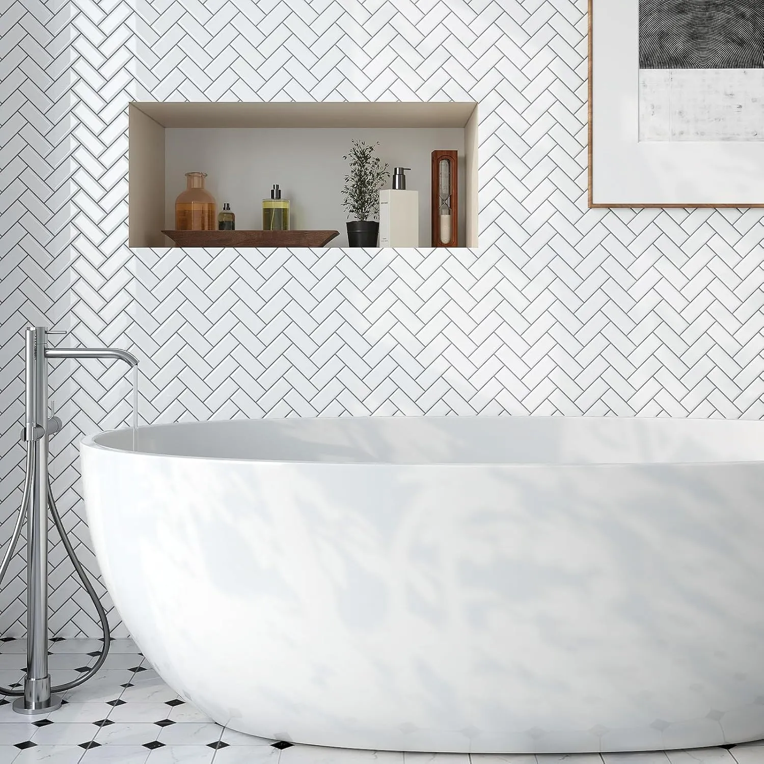VaryPaper 20 Sheets White Herringbone Peel and Stick Backsplash 12''x12'' Back Splash Stick on Tiles for Kitchen Bathroom Waterproof Removable Vinyl Backsplash Self Adhesive Chevron Wall Tile Sticker