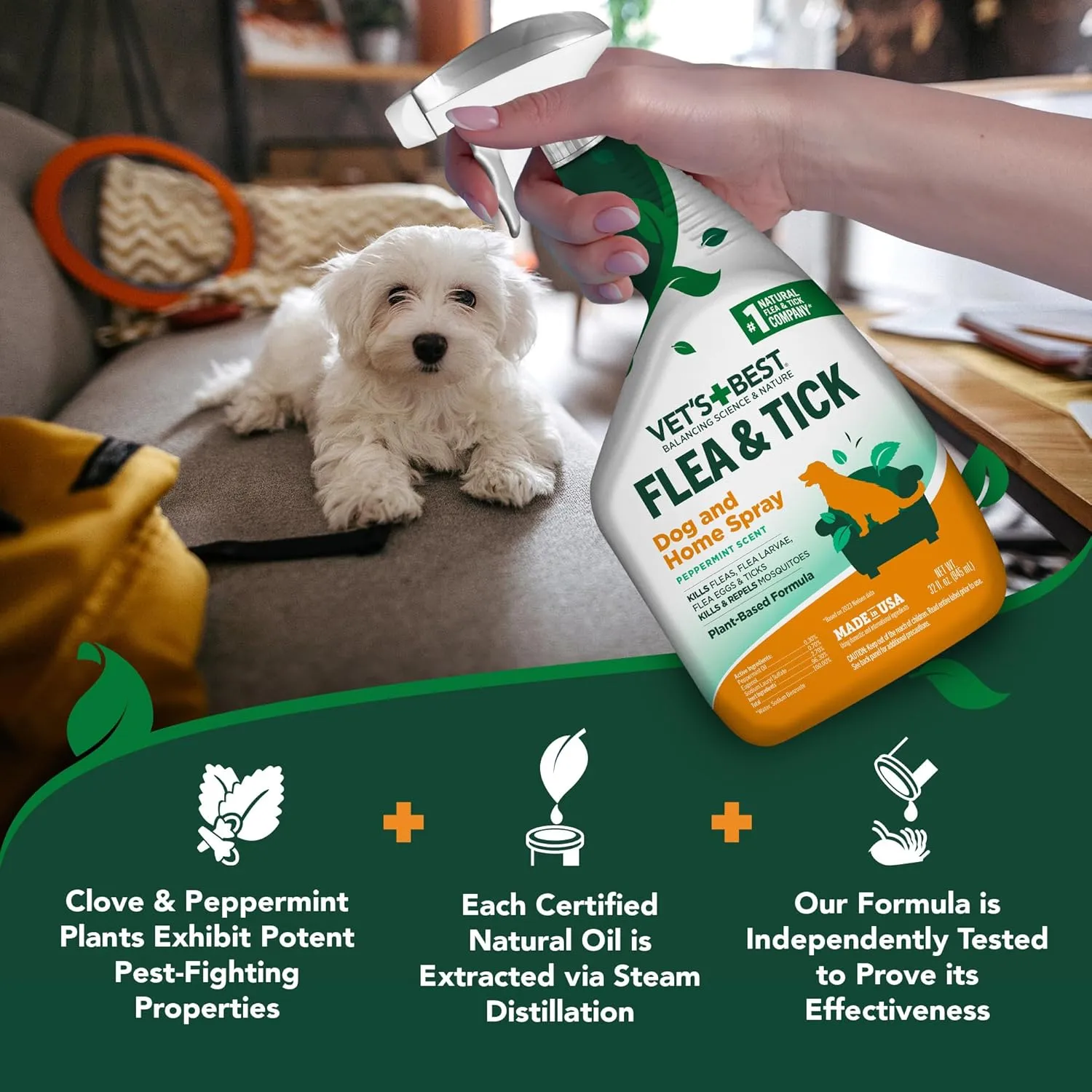 Vet’s Best Flea and Tick Home Spray – Plant-Based Flea and Tick Treatment for Dogs and Indoor Use – Natural Spray with Essential Oils for Pest Control in Home – 32 oz Bottles, 2 Pack