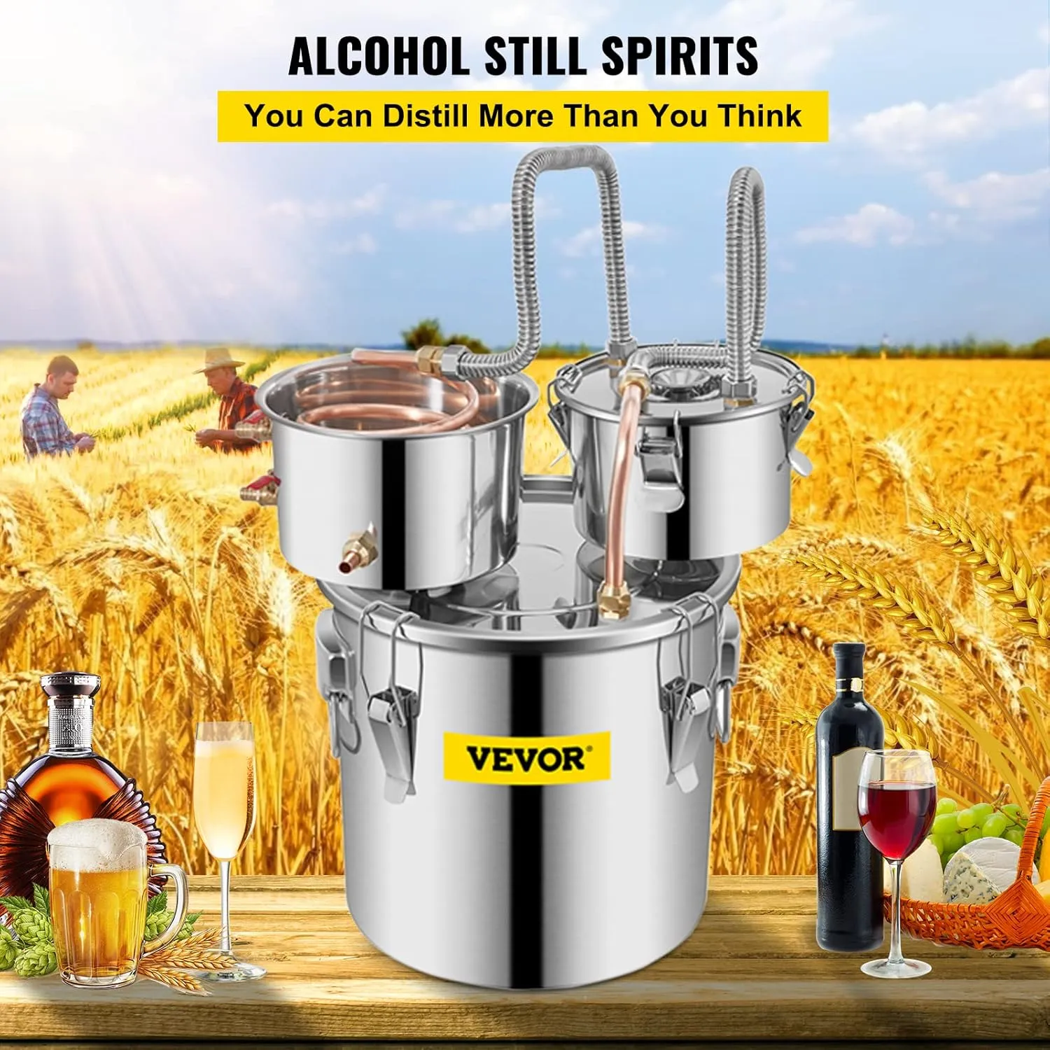 VEVOR Alcohol Still 8GAL/30L, Alcohol Distiller with Thumper Keg, Distillery Kit for Alcohol with Copper Tube & Build-in Thermometer & Water Pump