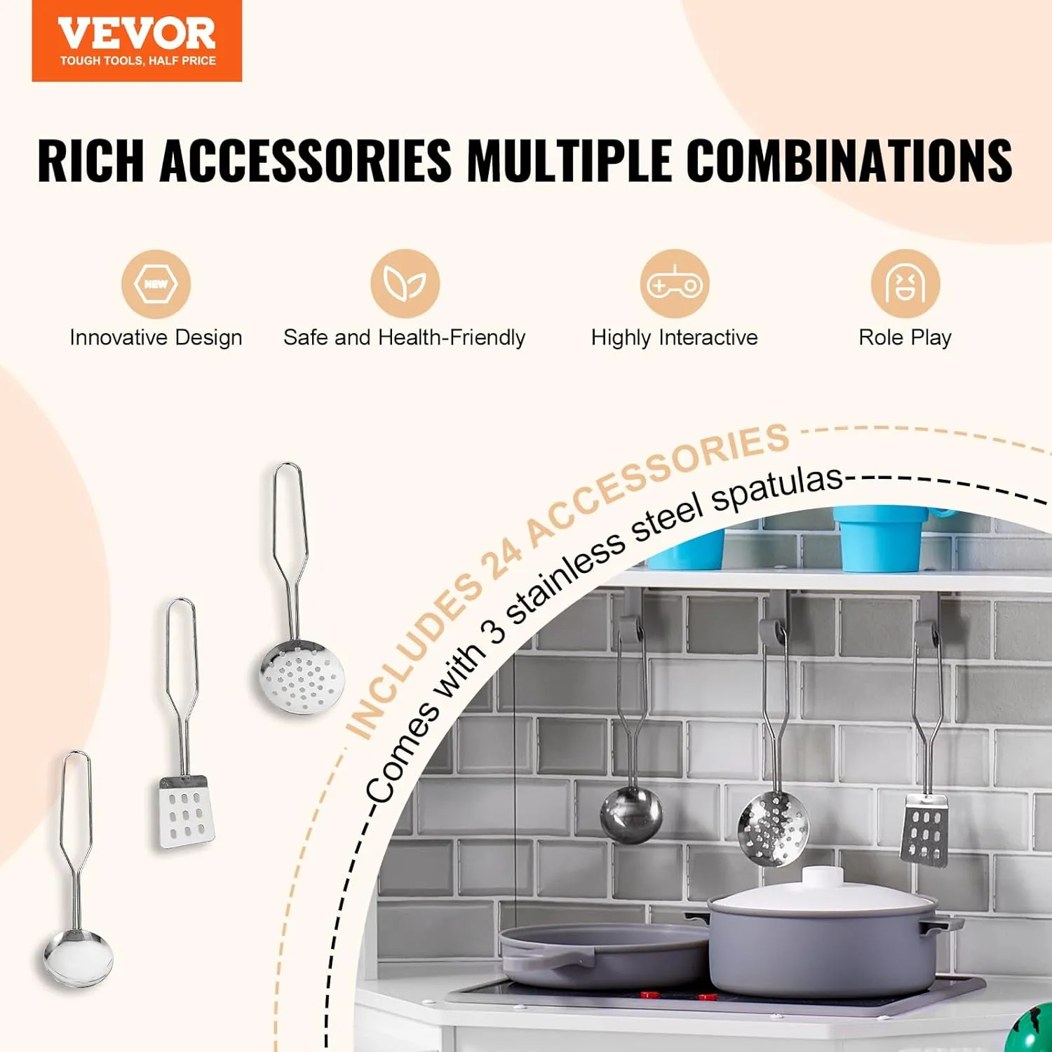 VEVOR Interactive Wooden Toy Play Kitchen Playset for Kids with Lights and Sounds, Corner Design with Ice Maker, Oven, Sink, Clock, Microwaves, Refrigerator and Accessories, for Girls & Boys, White