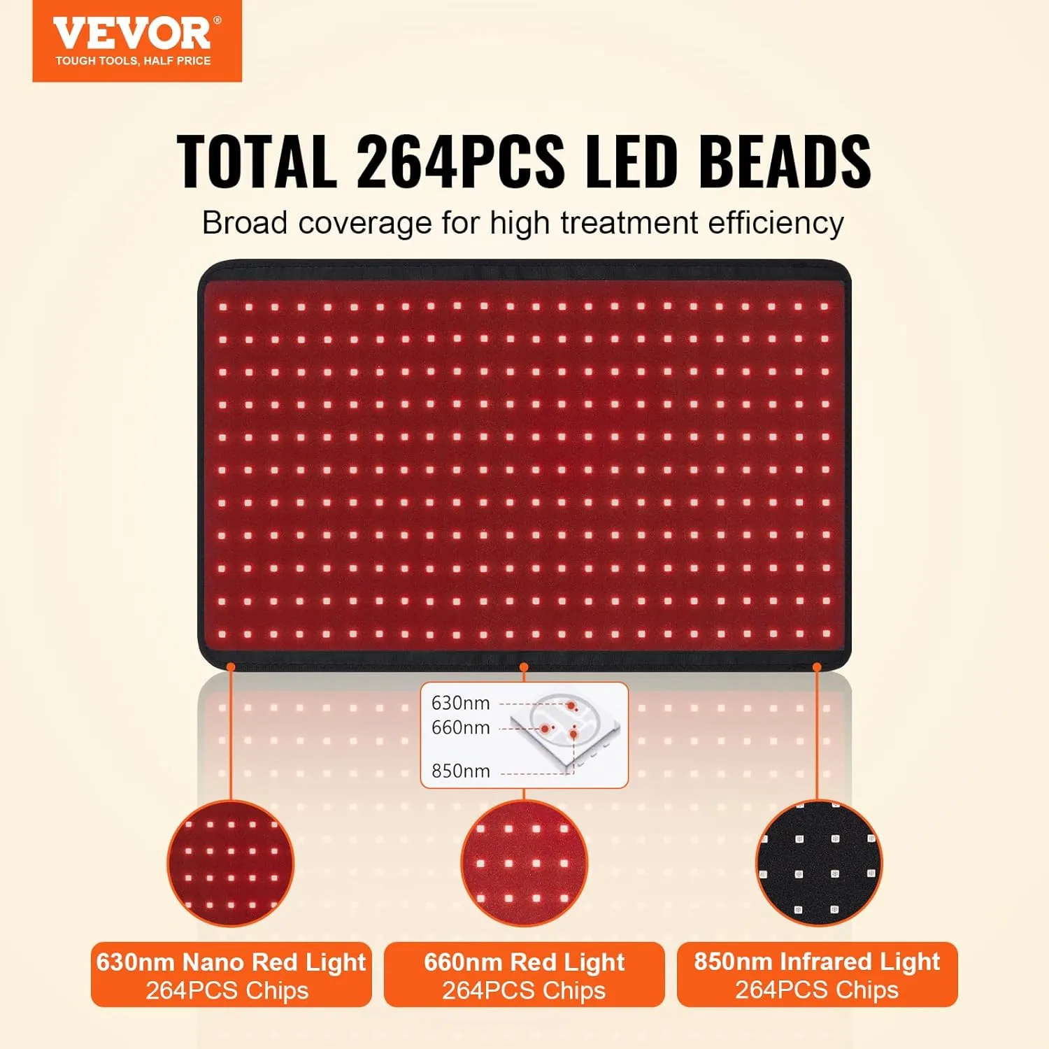 VEVOR Red Light Therapy Pad - 264 LEDs, 10Hz Pulse, 5-30 Min Timer, 630nm & 660nm & 850nm Red Light Therapy for Pain Relief & Skin Health