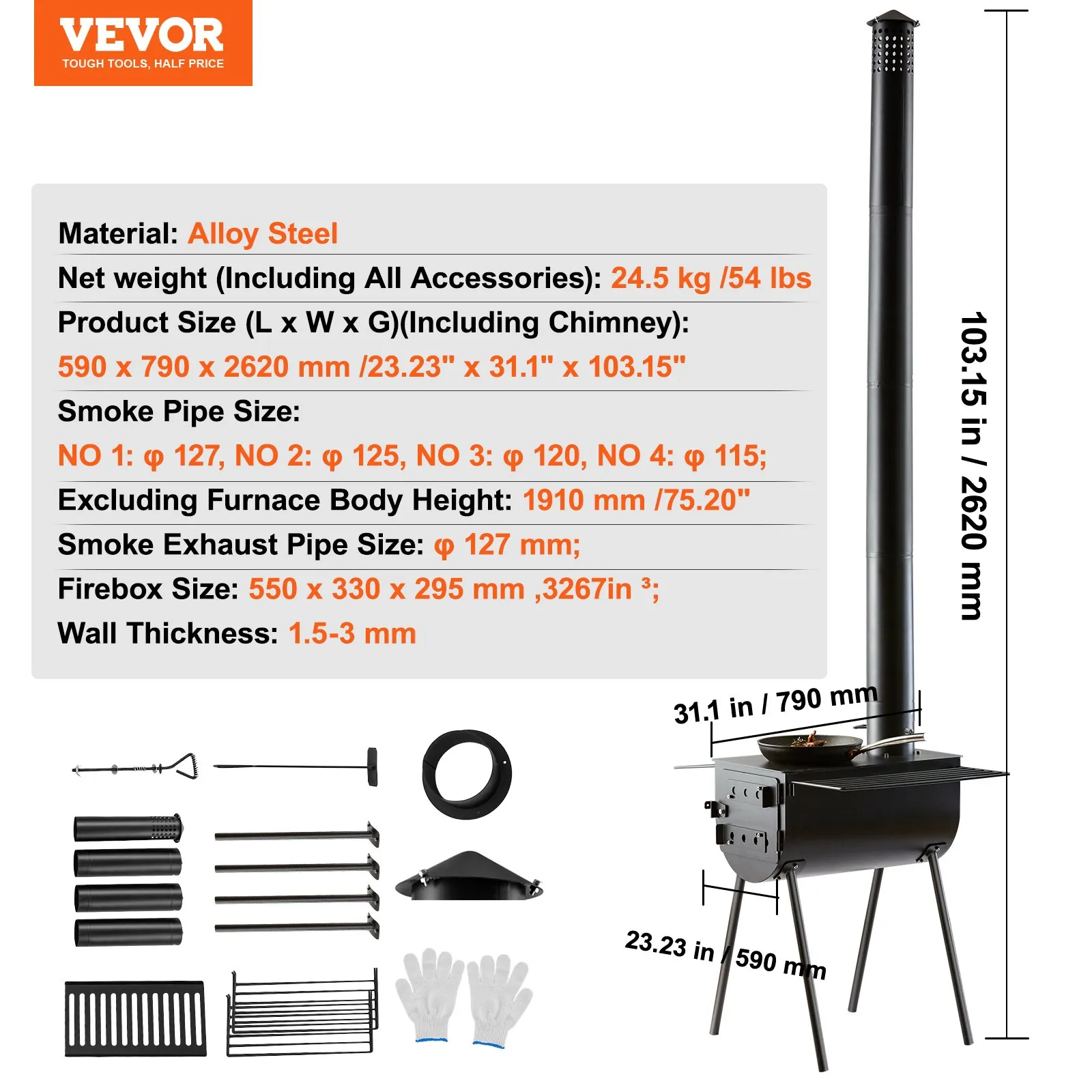 VEVOR Wood Stove, 118 inch, Alloy Steel Camping Tent Stove with Chimney Pipes & Gloves