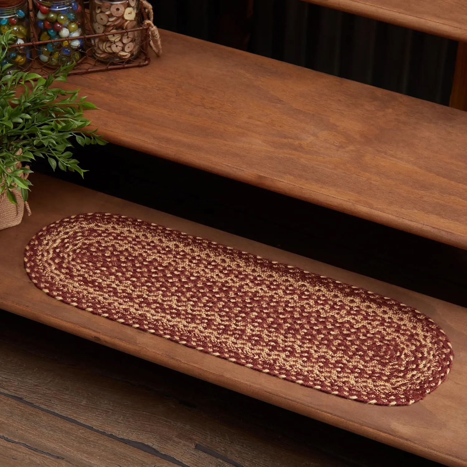 VHC Brands Burgundy Tan Jute Primitive Oval Stair Tread Non Slip Latex Backing, 8.5 x 27"