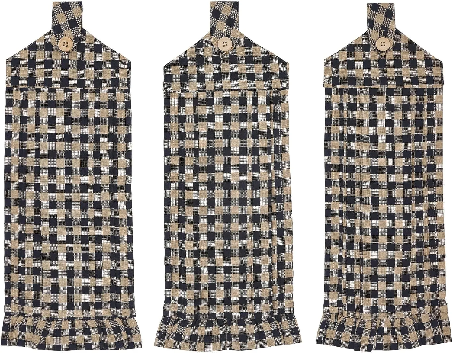VHC Brands Cotton Black Check Button Loop Kitchen Towel Set of 3, Hanging, Pleated, Bath, Rectangle 21x7, Country