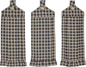 VHC Brands Cotton Black Check Button Loop Kitchen Towel Set of 3, Hanging, Pleated, Bath, Rectangle 21x7, Country