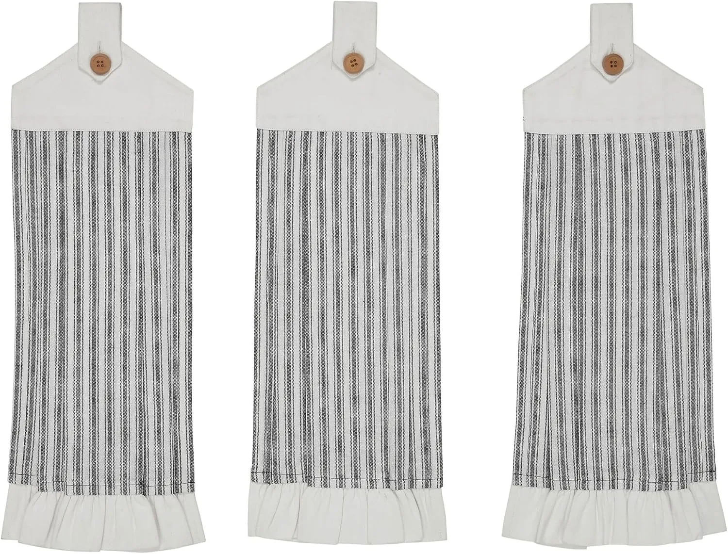 VHC Brands Cotton Sawyer Mill Ticking Stripe Button Loop Kitchen Towel Set of 3, Hanging, Pleated, Bath, Kitchen, Sawyer Mill Black Collection, Country