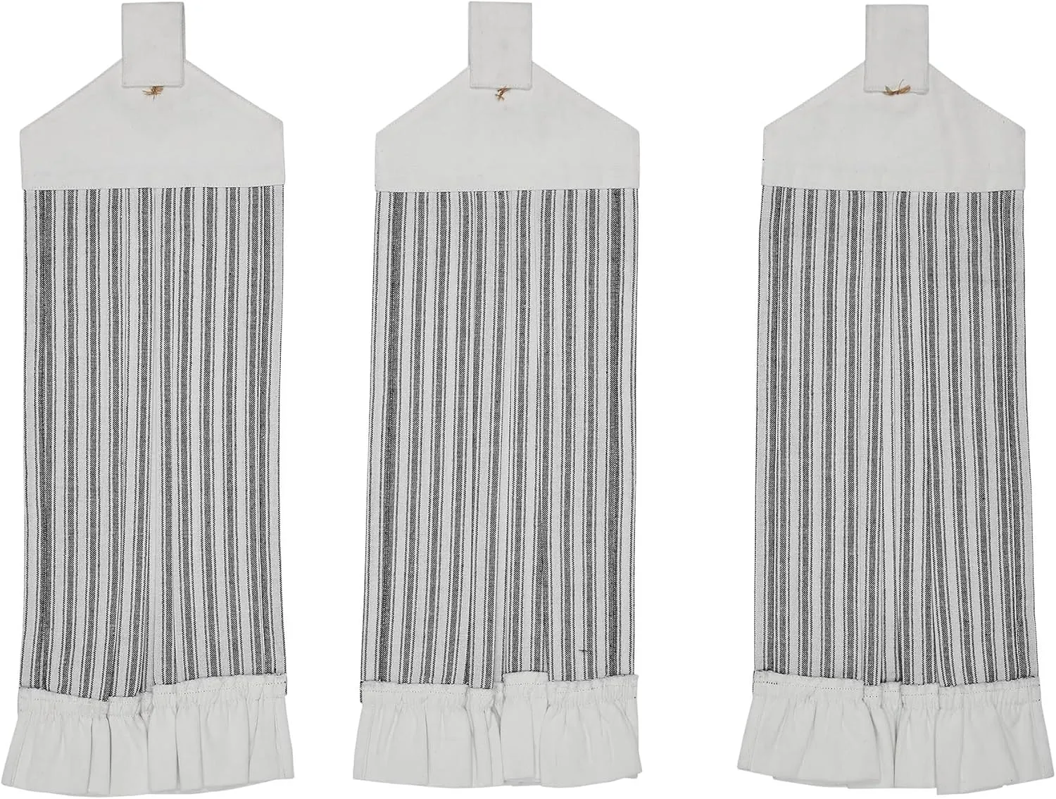 VHC Brands Cotton Sawyer Mill Ticking Stripe Button Loop Kitchen Towel Set of 3, Hanging, Pleated, Bath, Kitchen, Sawyer Mill Black Collection, Country