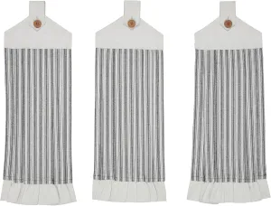 VHC Brands Cotton Sawyer Mill Ticking Stripe Button Loop Kitchen Towel Set of 3, Hanging, Pleated, Bath, Kitchen, Sawyer Mill Black Collection, Country