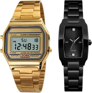 VIGOROSO Men Lady Vintage Retro Gold Stainless Steel Digital Casual Watch Alarm Stopwatch Ladies Fashion Square Black Bracelet Watches Stainless Steel Waterproof Analog Quartz Wrist Watch