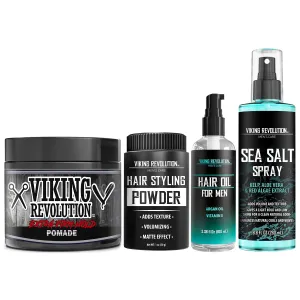 Viking Revolution Sea Salt Spray for Hair Men (8.8 fl oz), Extreme Hold Hair Pomade for Men (4oz), Hydrating Hair Oil for Men (3.38fl oz) and Hair Styling Powder for Men (1oz) - Add Volume and Texture