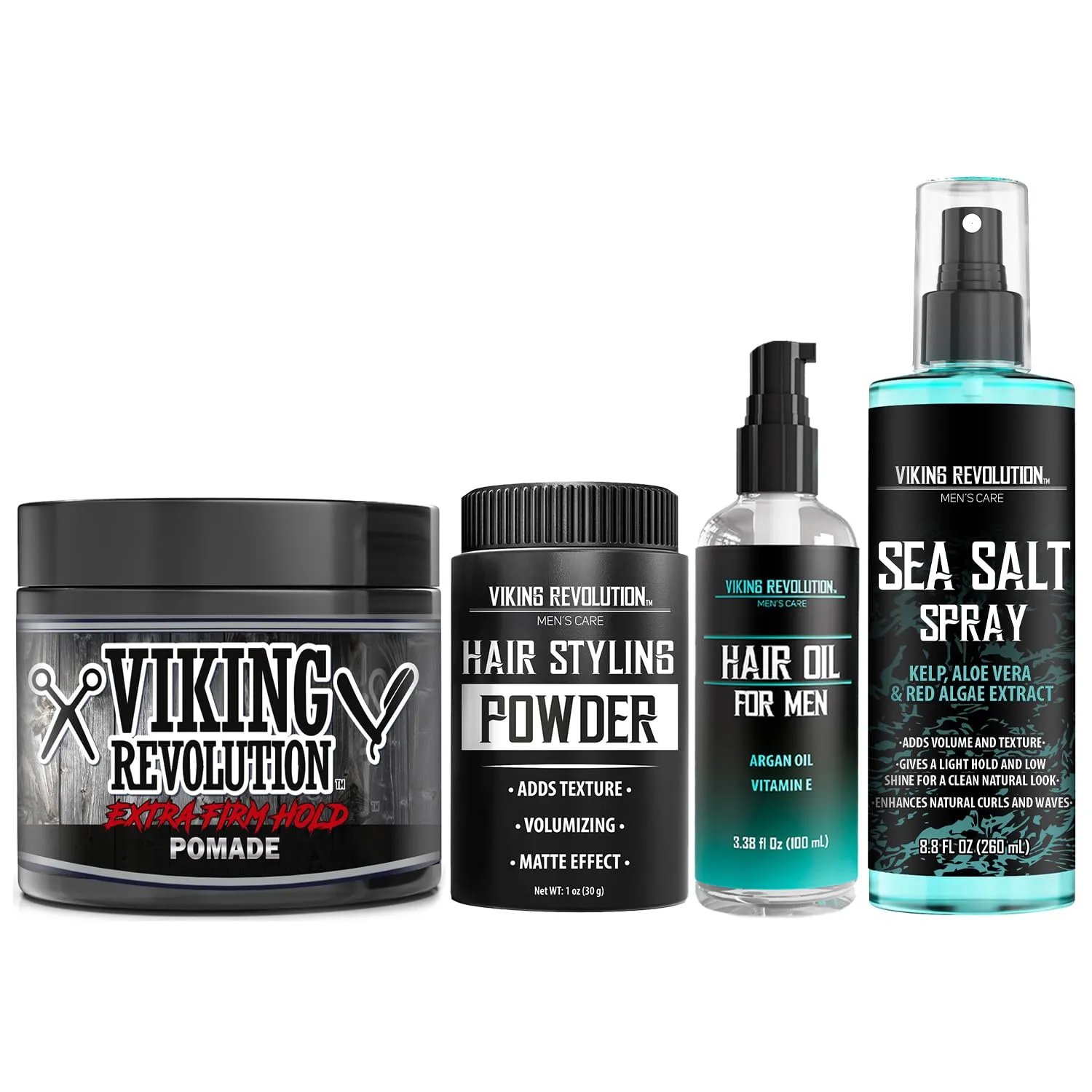 Viking Revolution Sea Salt Spray for Hair Men (8.8 fl oz), Extreme Hold Hair Pomade for Men (4oz), Hydrating Hair Oil for Men (3.38fl oz) and Hair Styling Powder for Men (1oz) - Add Volume and Texture