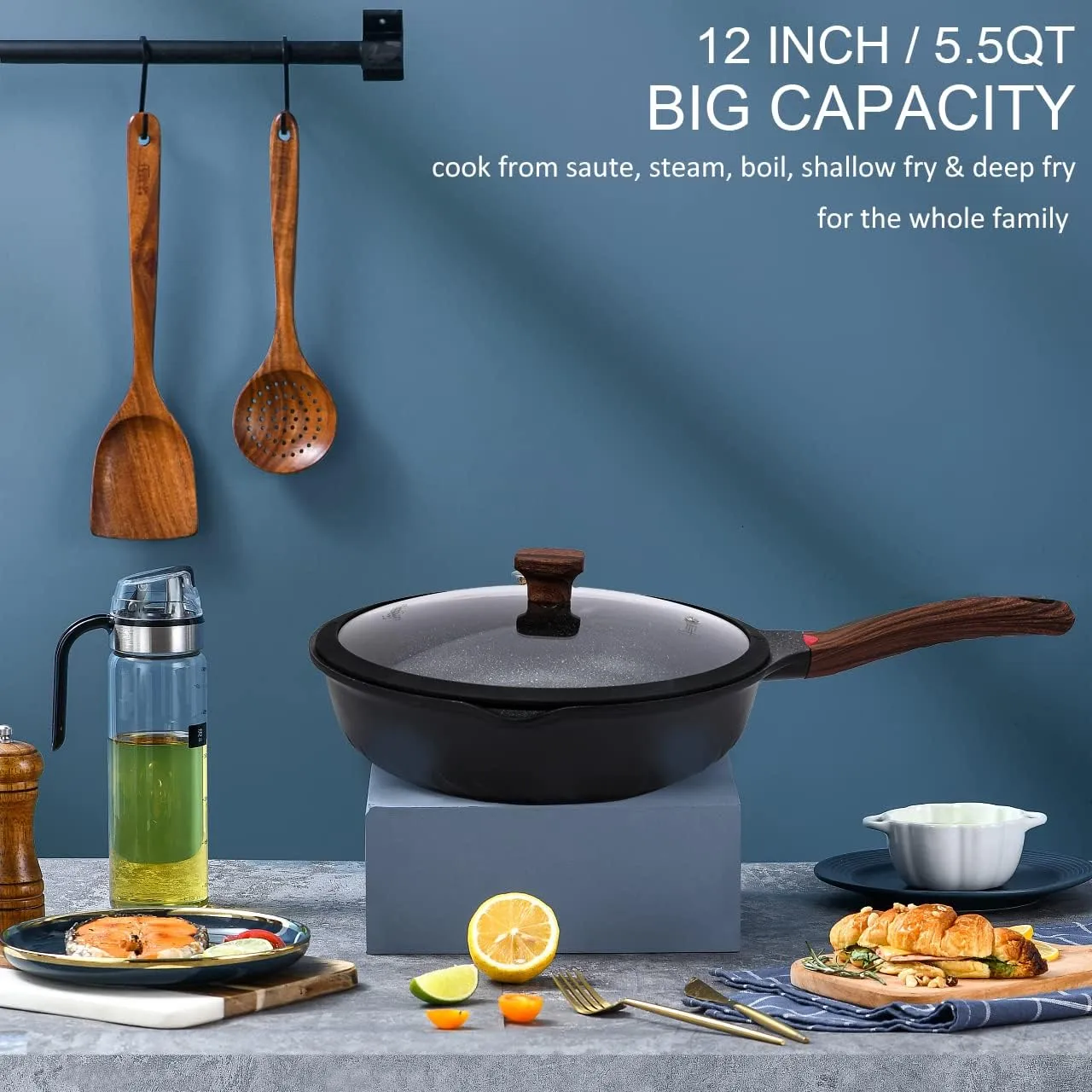 Vinchef Nonstick Deep Frying Pan Saute Pan with Lid, 12in/5.5Qt Fry Pan, German 3C  Ceramic Coating Technology, Heat Indicator, Induction Compatible