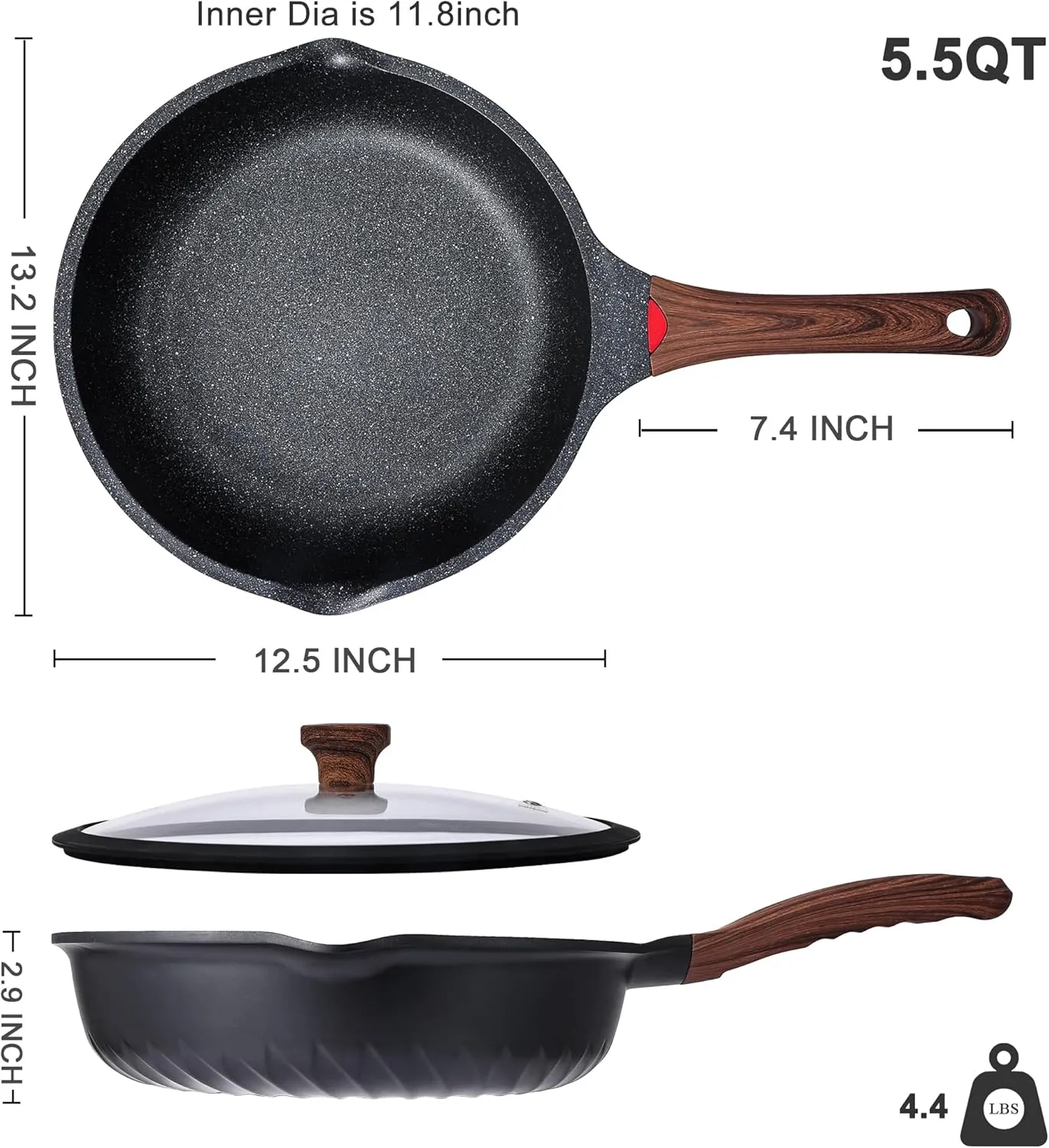 Vinchef Nonstick Deep Frying Pan Saute Pan with Lid, 12in/5.5Qt Fry Pan, German 3C  Ceramic Coating Technology, Heat Indicator, Induction Compatible
