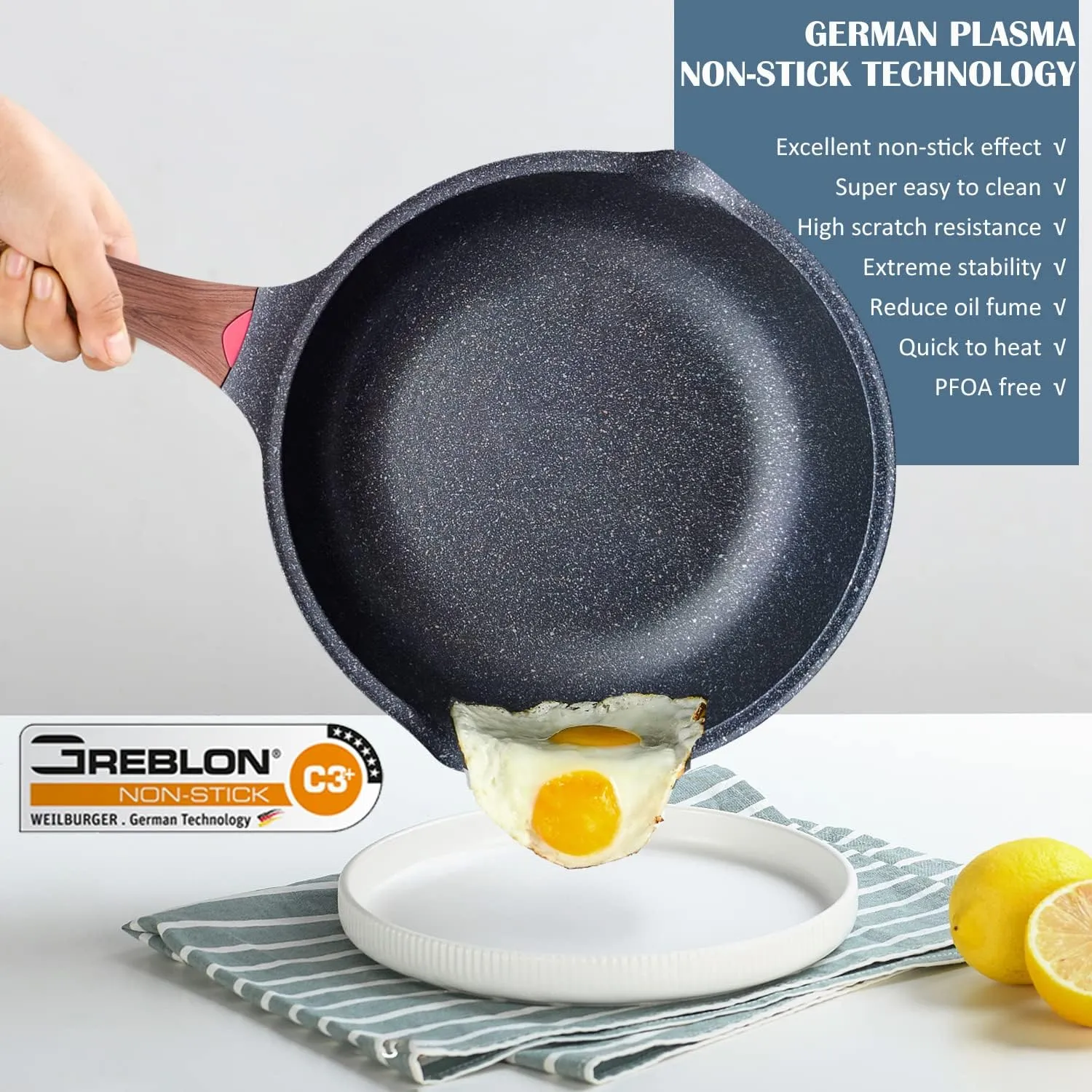 Vinchef Nonstick Deep Frying Pan Saute Pan with Lid, 12in/5.5Qt Fry Pan, German 3C  Ceramic Coating Technology, Heat Indicator, Induction Compatible
