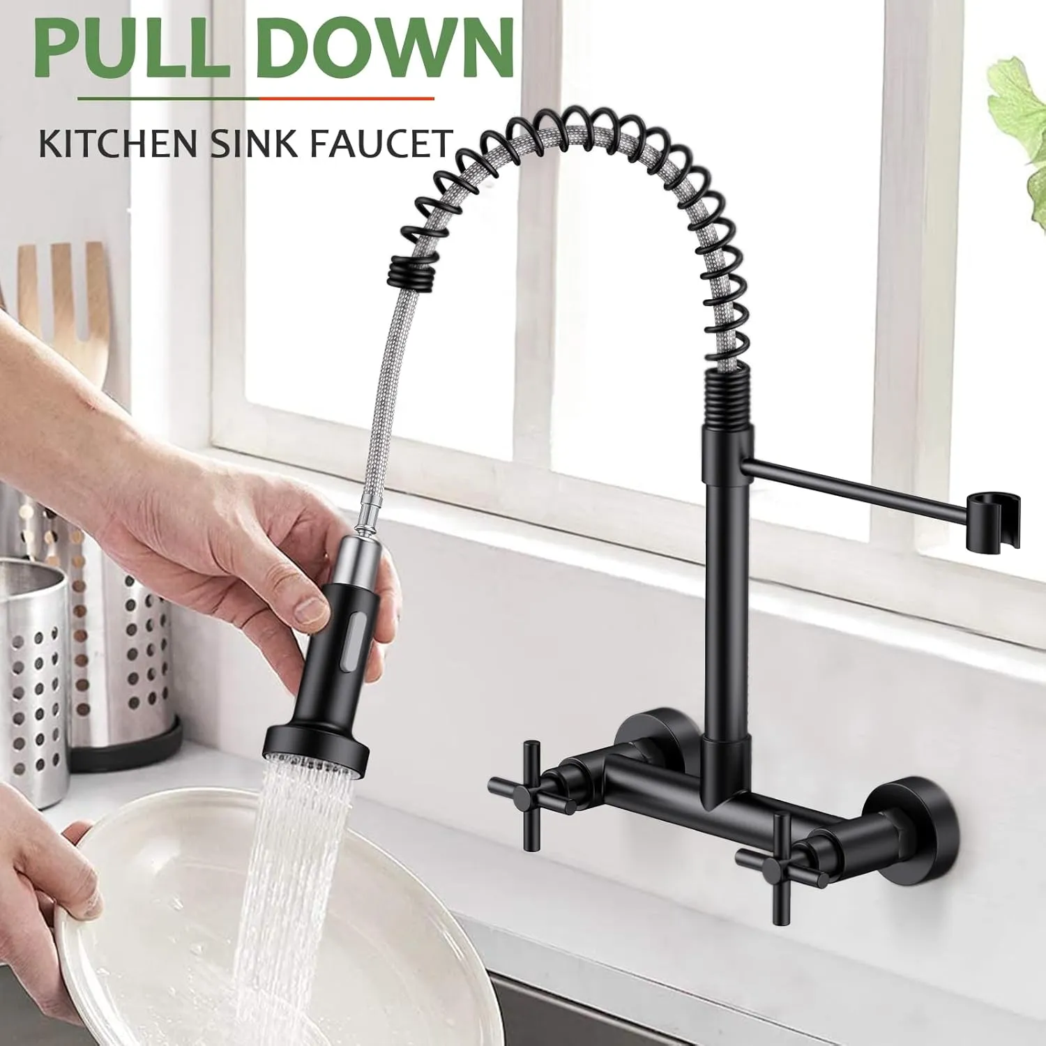 Wall Mount Kitchen Faucet, Hurran Matte Black Kitchen Sink Faucet, 8 Inch 2 Handle Wall Mount Commercial Sink Faucet with Pull Down Sprayer for Kitchen Laundry Room Restaurant