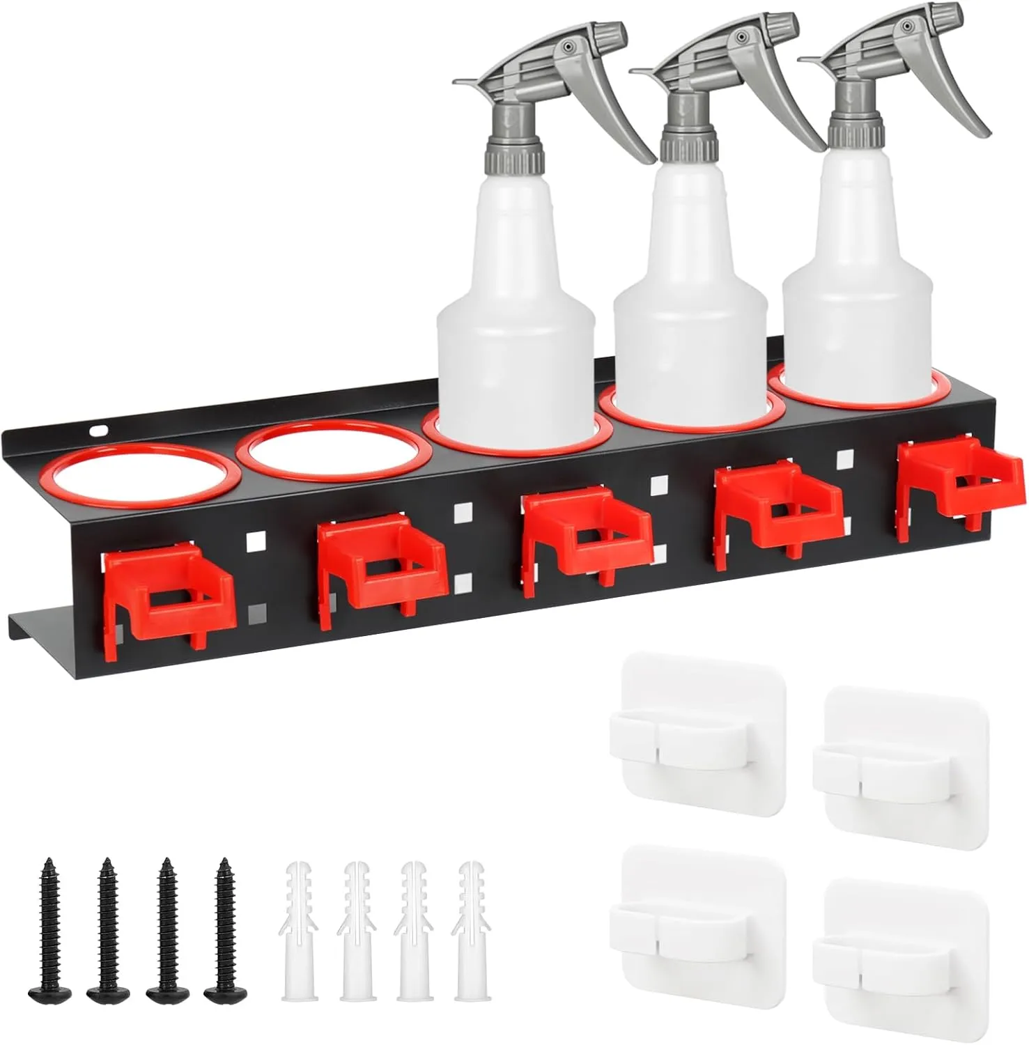 Wall-Mounted Spray Bottle Storage Rack, Universal Spray Bottle Holder with Removable Hooks, Hanging Rail Car Beauty Shop Accessory Display & Mobile Detailing Tools Hanger & Organizer for Garage