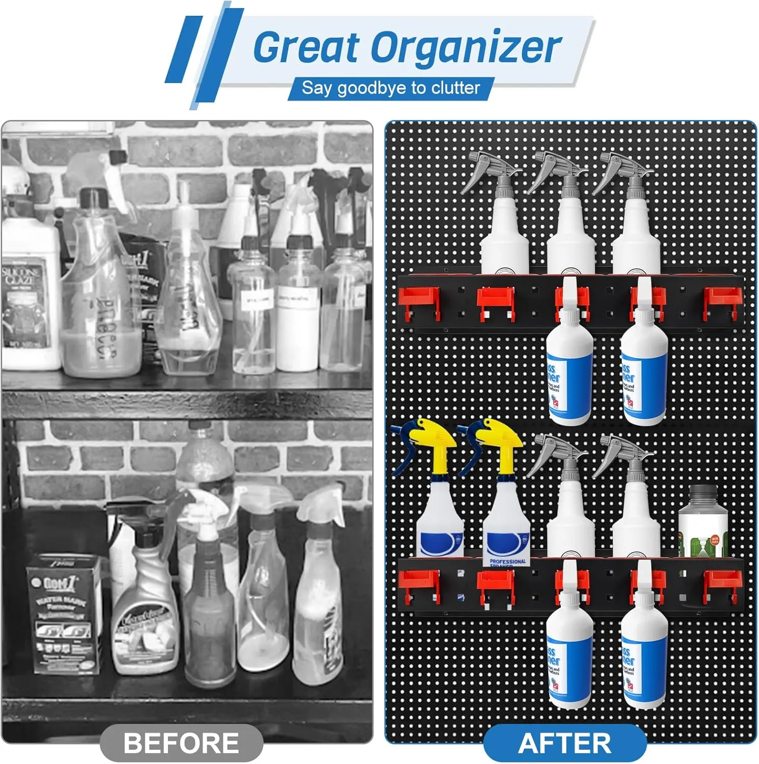 Wall-Mounted Spray Bottle Storage Rack, Universal Spray Bottle Holder with Removable Hooks, Hanging Rail Car Beauty Shop Accessory Display & Mobile Detailing Tools Hanger & Organizer for Garage