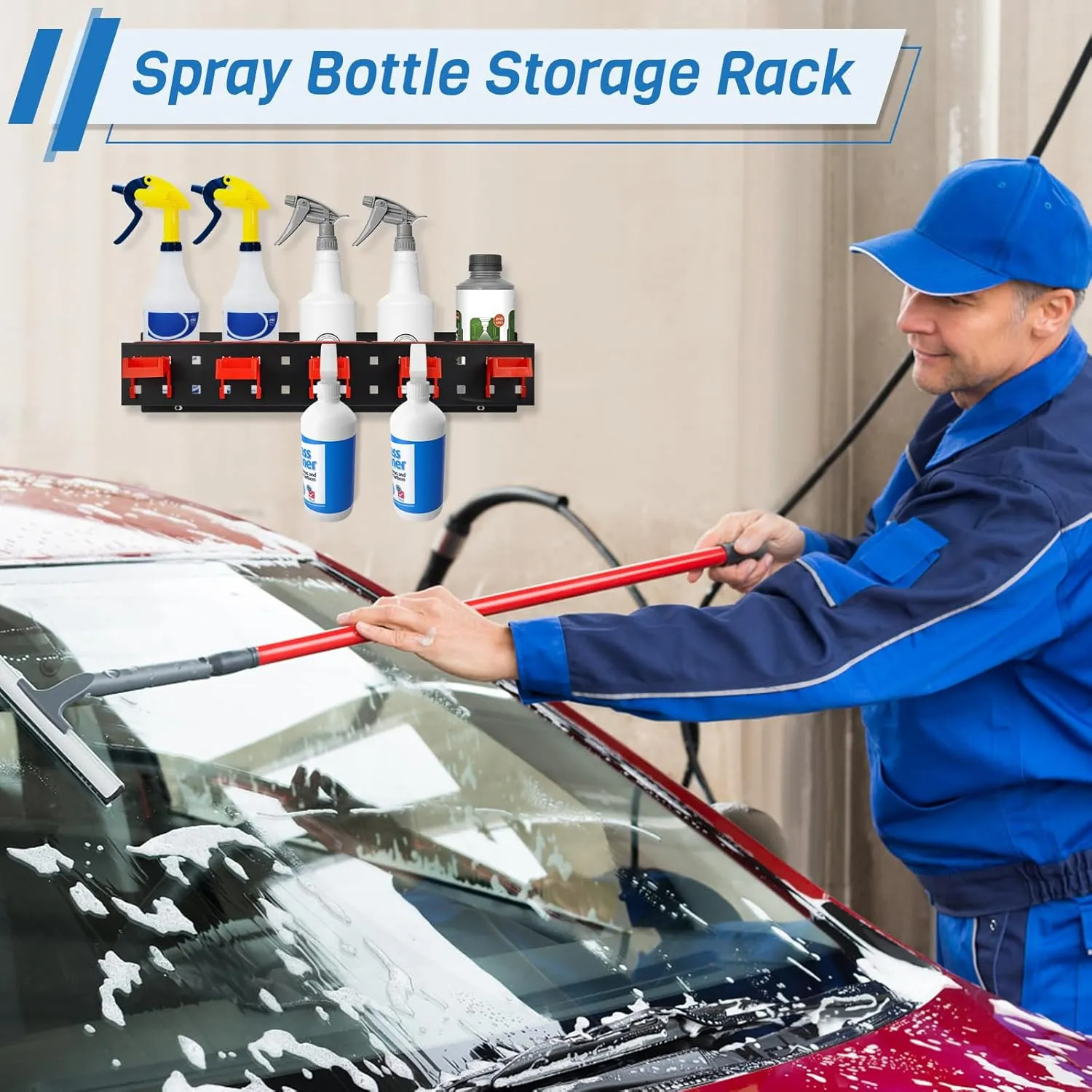 Wall-Mounted Spray Bottle Storage Rack, Universal Spray Bottle Holder with Removable Hooks, Hanging Rail Car Beauty Shop Accessory Display & Mobile Detailing Tools Hanger & Organizer for Garage
