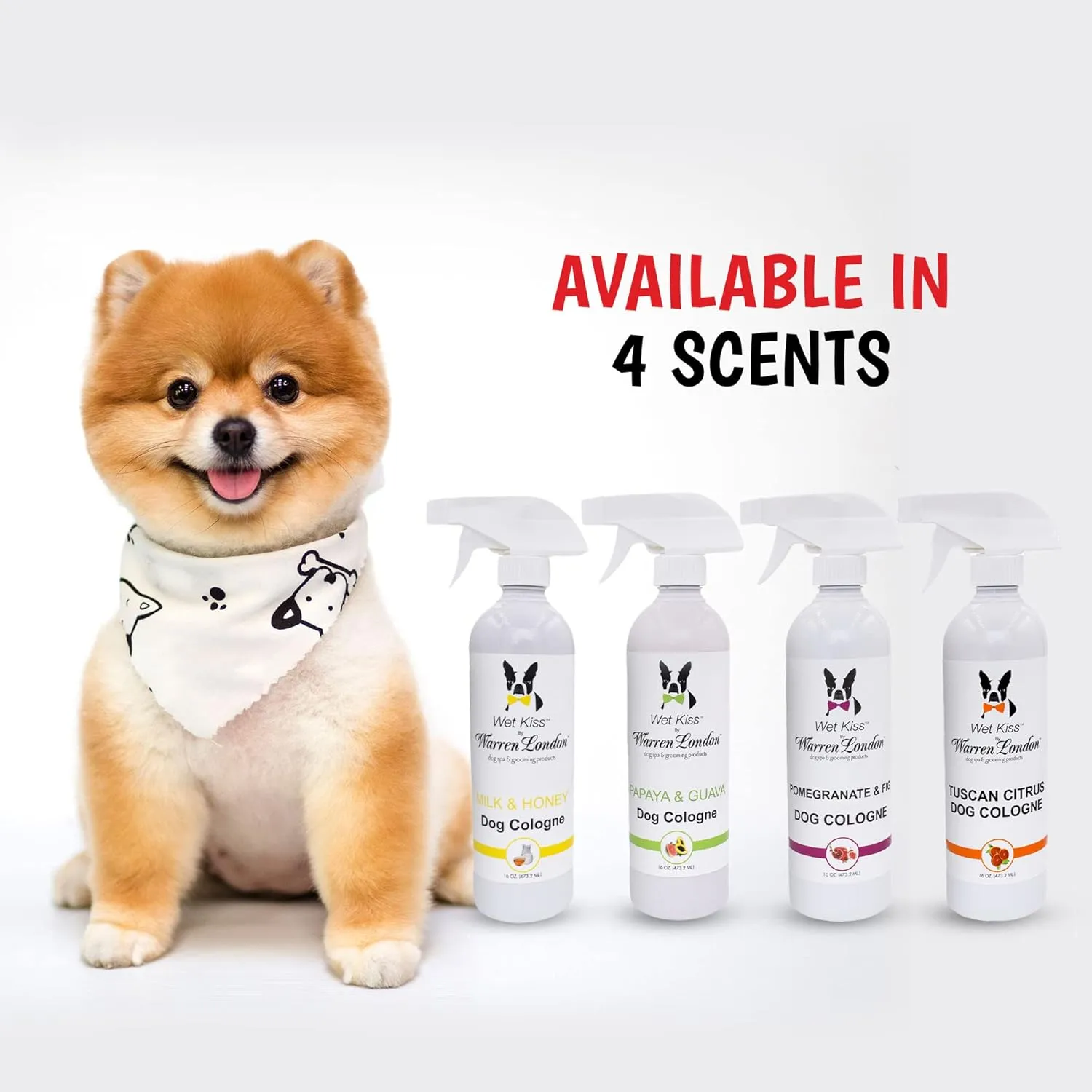 Warren London - Wet Kiss Dog Cologne, Long Lasting Dog Spray, Dog Deodorant to Remove Odor from Stinky Dogs, Tuscan Citrus, 16 Ounce Bottle