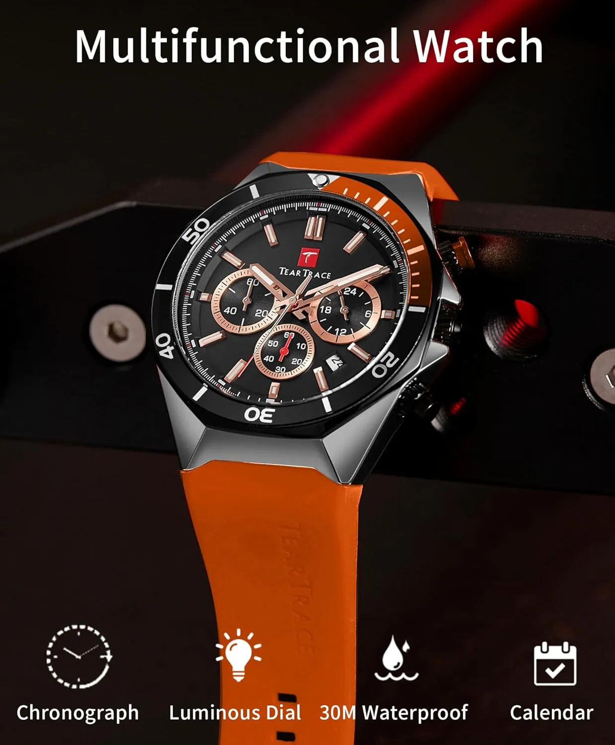 Watches for Men Luxury Chronograph 3ATM Waterproof Quartz Sport Wrist Watches Multifunctional with Silicone Strap Casual Work Mens Watches