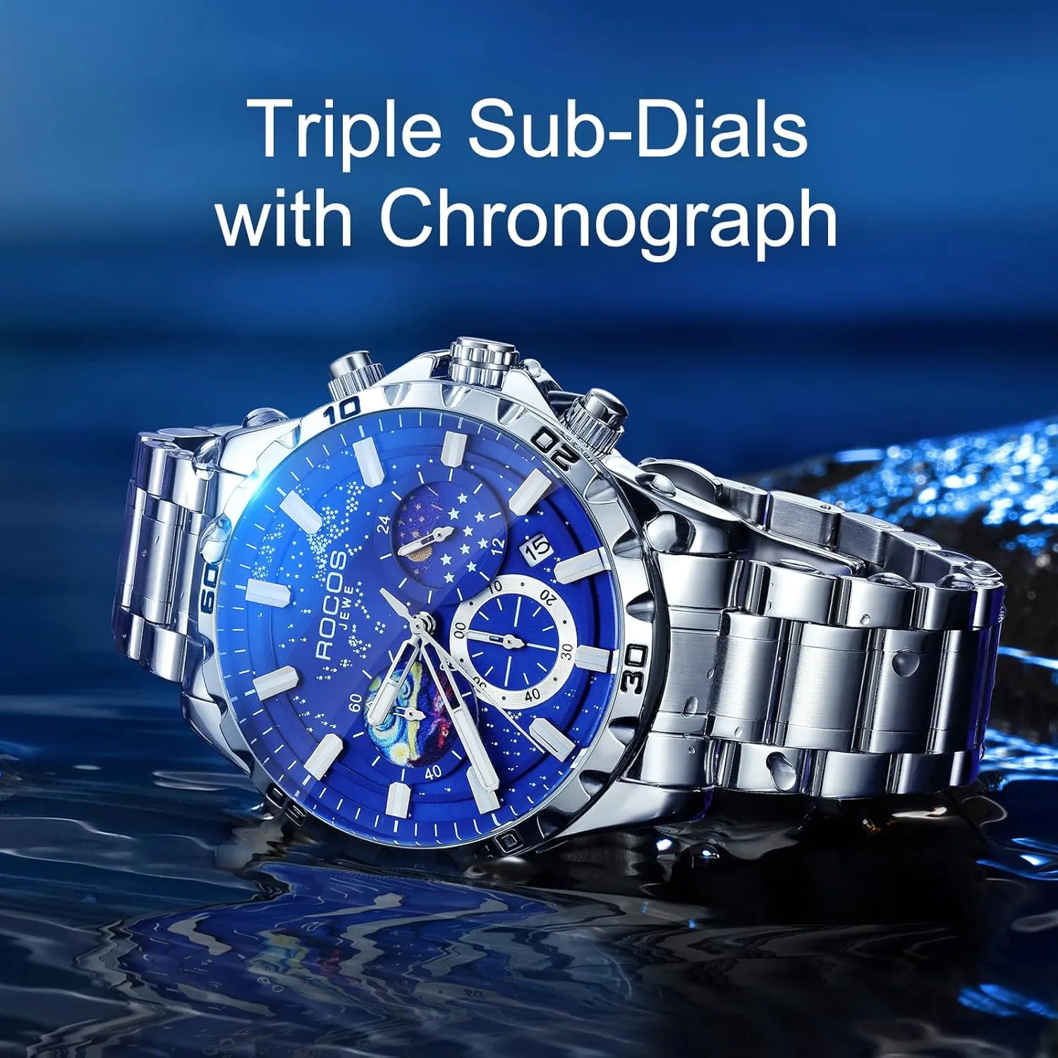 Watches for Men Moon Phase Blue Dial Steel Strap Waterproof Luminous Quartz Watches with Date Display - Luxury Analog Wrist Watch for Business or Casual Wear