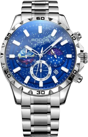 Watches for Men Moon Phase Blue Dial Steel Strap Waterproof Luminous Quartz Watches with Date Display - Luxury Analog Wrist Watch for Business or Casual Wear