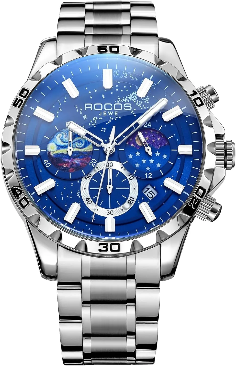 Watches for Men Moon Phase Blue Dial Steel Strap Waterproof Luminous Quartz Watches with Date Display - Luxury Analog Wrist Watch for Business or Casual Wear