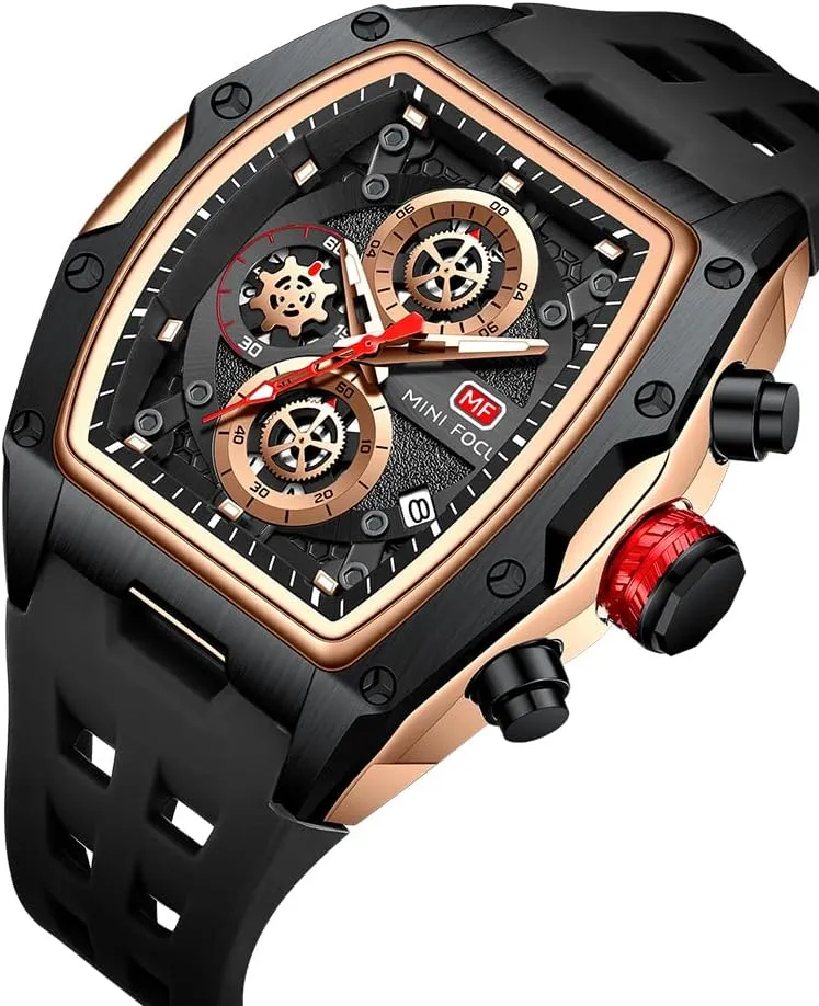 Watches for Men Square Tonneau Waterproof Wristwatch Big Dial Luminous Waterproof Sport Analog Quartz Business Mens Watches Chronograph Calendar Date Silicon Strap Dress Watch
