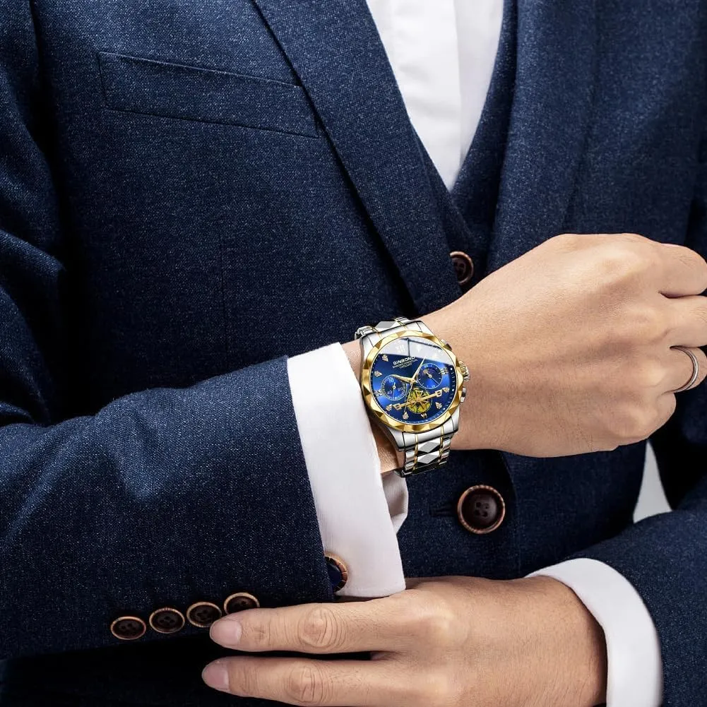 Watches for Men Stainless Steel Luxury Dress Business Diamond Roman Numeral Big Face Dial Multifunction Chronograph Mens Wrist Watch Waterproof Luminous