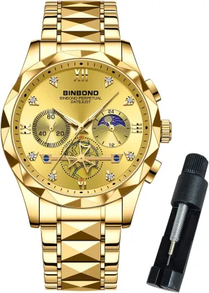 Watches for Men Stainless Steel Luxury Dress Business Diamond Roman Numeral Big Face Dial Multifunction Chronograph Mens Wrist Watch Waterproof Luminous