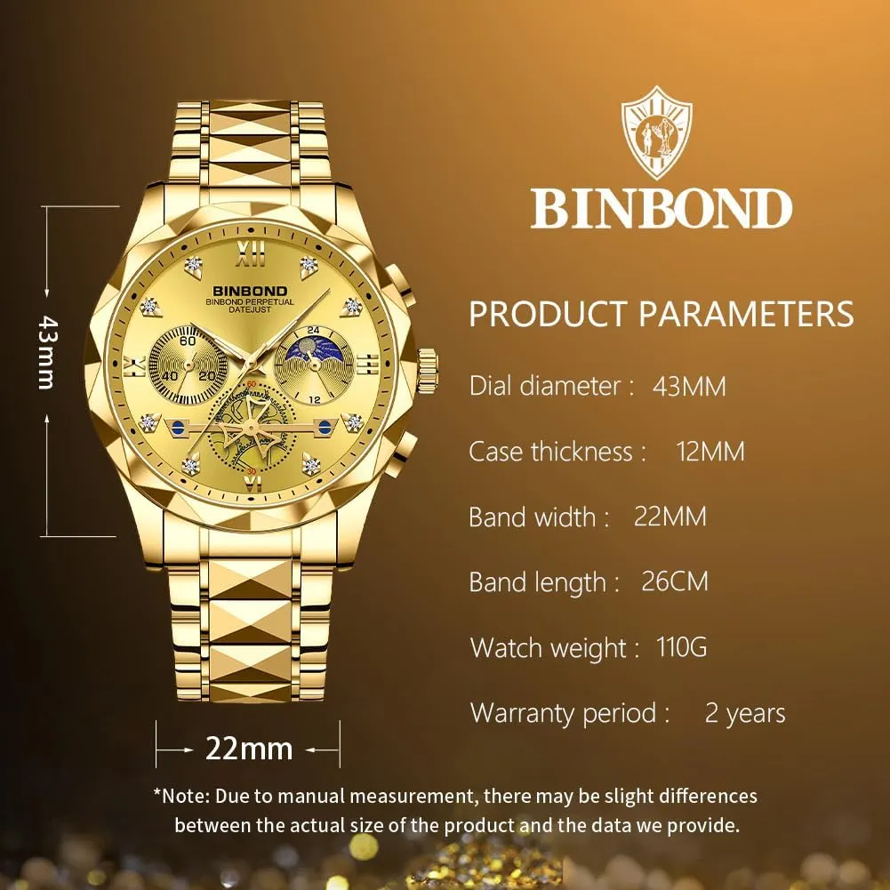 Watches for Men Stainless Steel Luxury Dress Business Diamond Roman Numeral Big Face Dial Multifunction Chronograph Mens Wrist Watch Waterproof Luminous